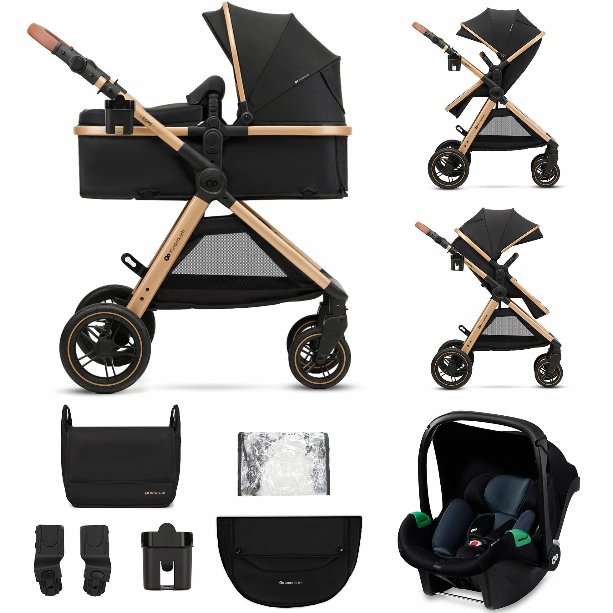 Kinderkraft ESME Poussette 3 en 1 avec porte-bébé Mink PRO I-Size, système de voyage, Noir