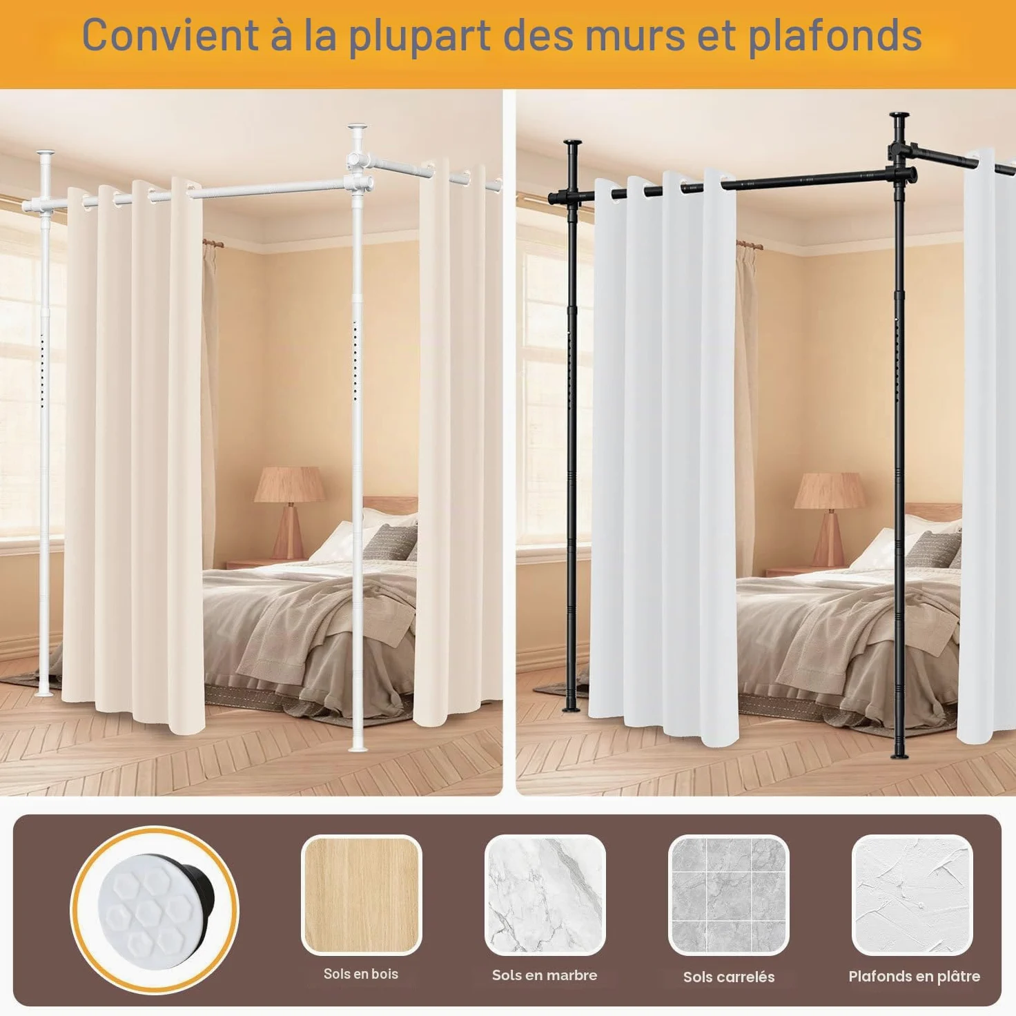 Séparateur de pièce sans perçage, réglable en hauteur (122-320 cm) et largeur (70-355 cm), tringle à rideau, brise-vue pour salon, chambre à coucher, métal, instructions en allemand/blanc