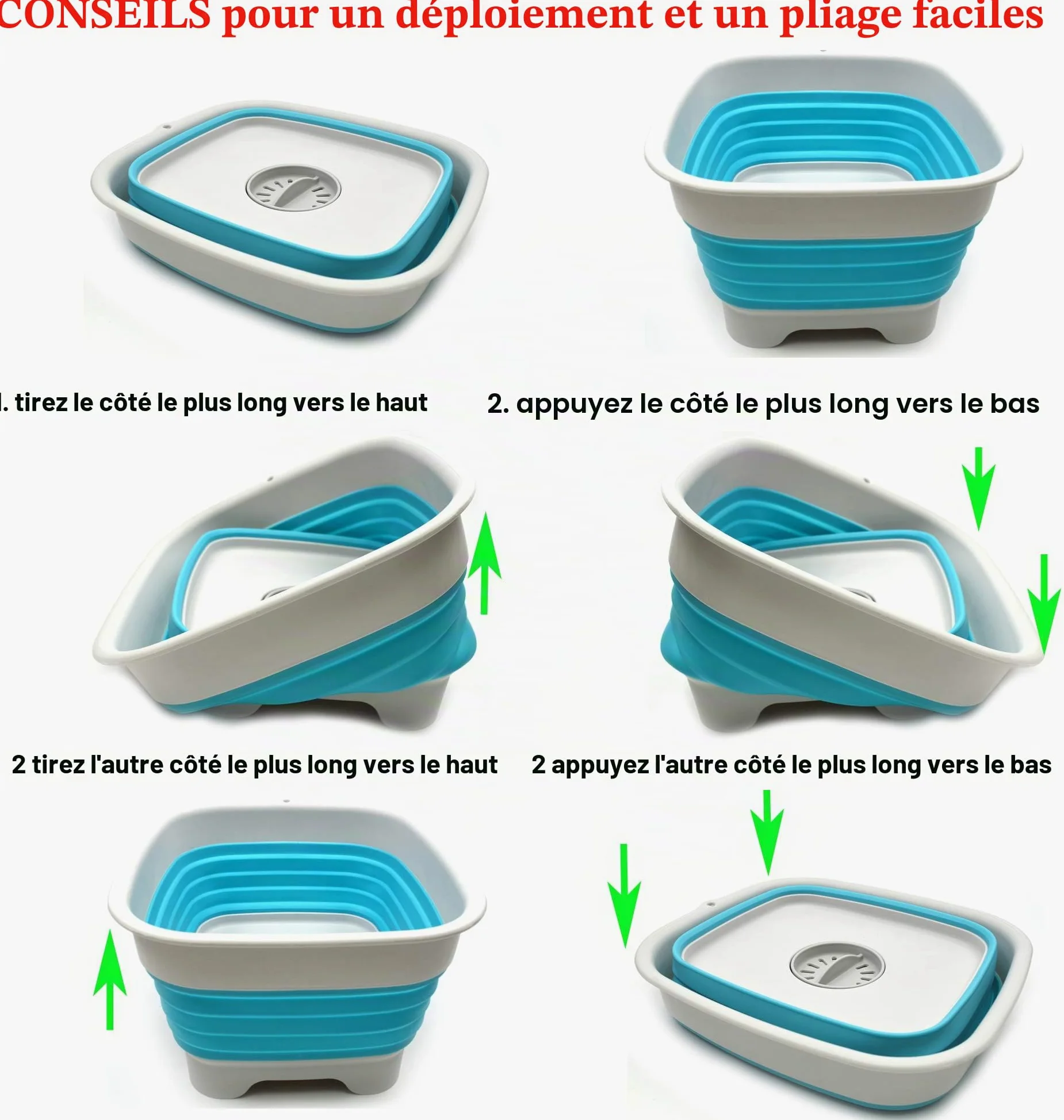 SAMMART Bassine à vaisselle pliable de 9,1 l, avec bouchon de vidange - Lavabo pliable - Bac de rangement de cuisine pour économiser de l’espace (Gris/Bleu vif)