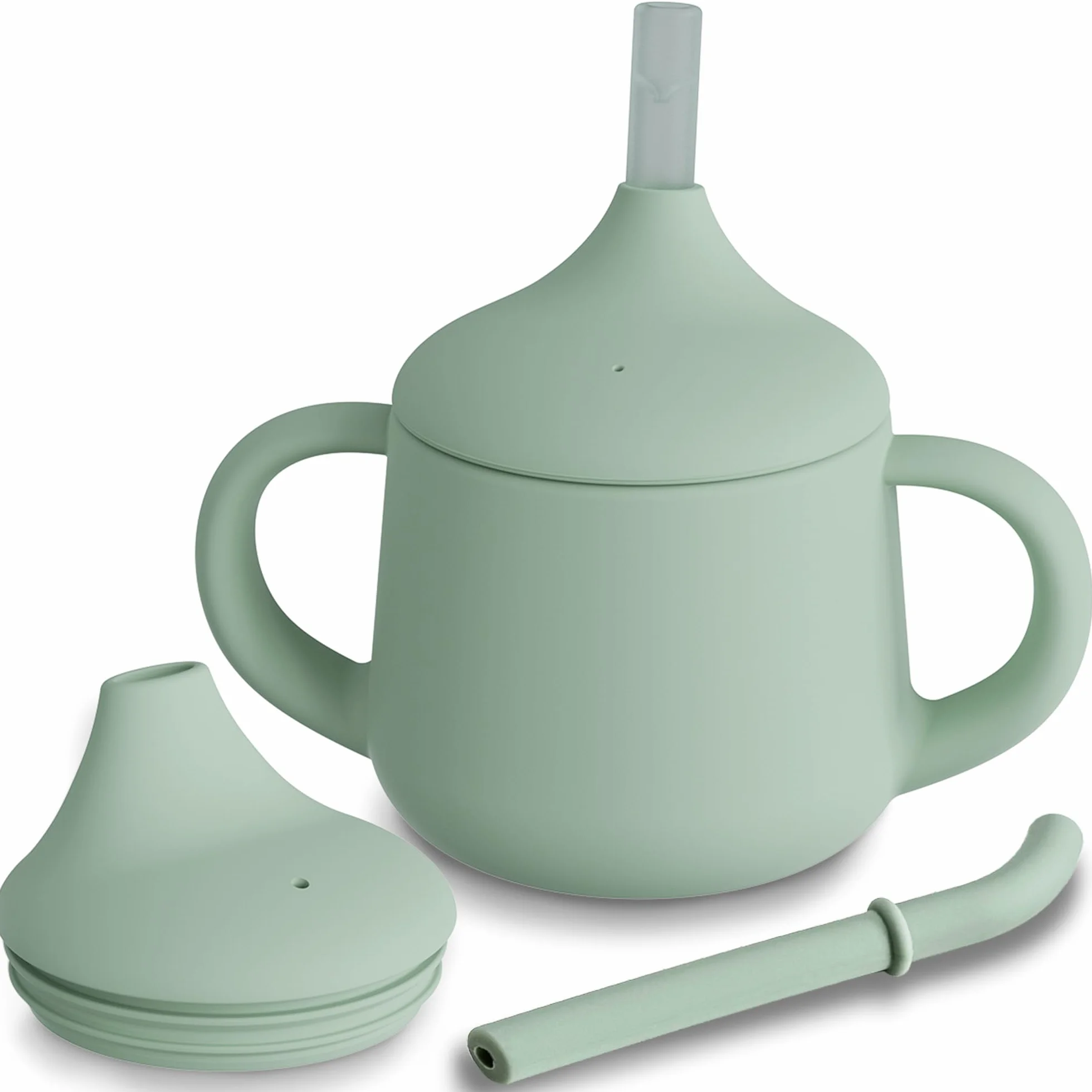 Moonkie Verre Bébé Apprentissage Anti Fuite 120ml, Tasse 3-en-1 en Silicone, Gourde avec Poignées, Compatible Lave-Vaisselle (Vert Gris)