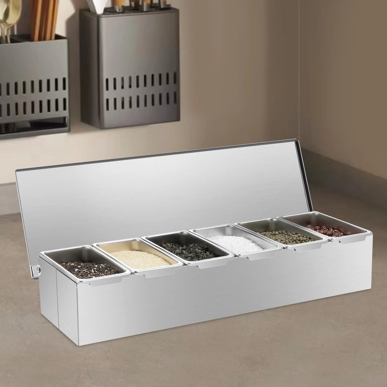 Boîte à épices acier inoxydable 6 grilles compartiments amovibles pour buffet bar salade restauration