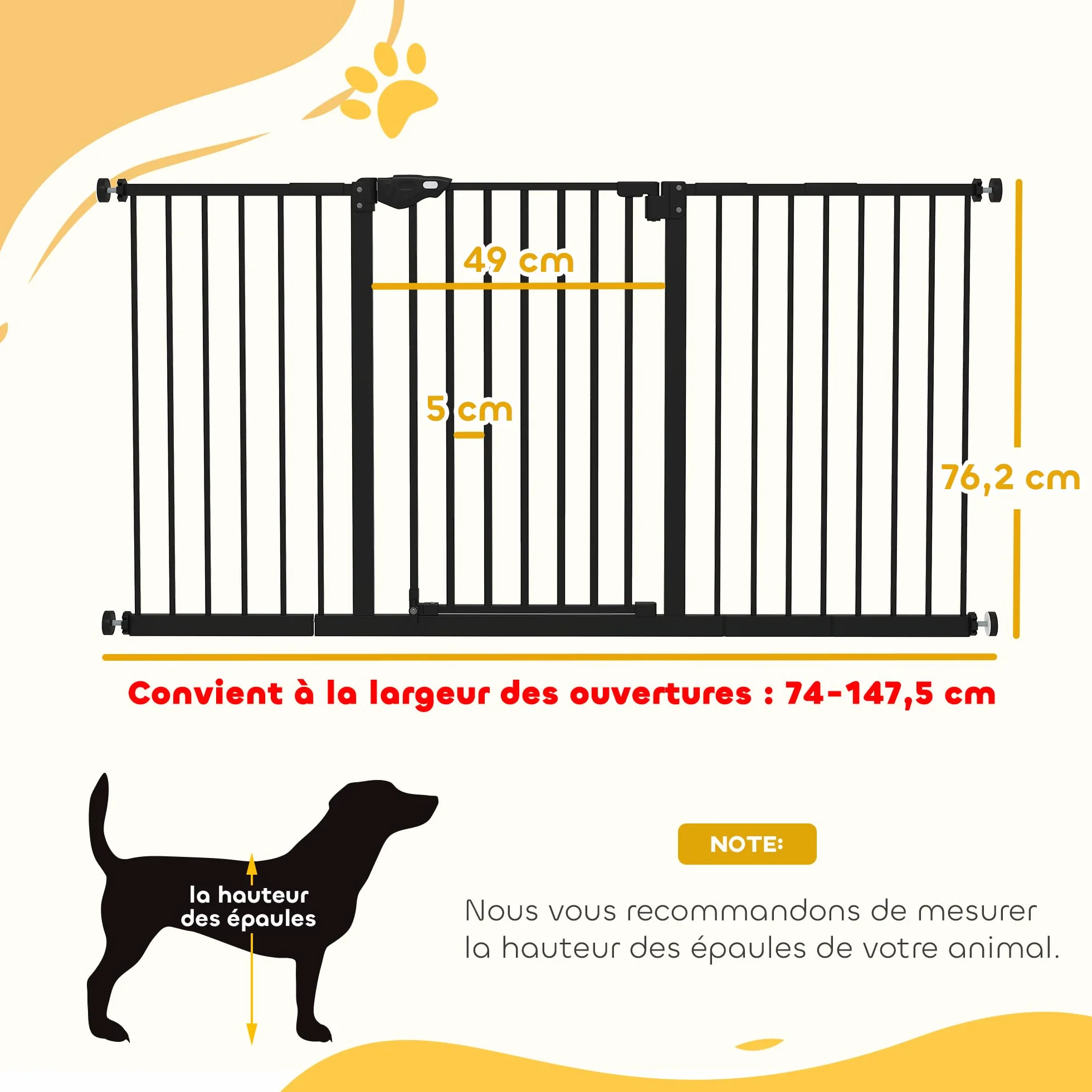PawHut Barrière de sécurité Animaux 74-148 x 76,2 cm Porte Fermeture Automatique Double Verrouillage sans perçage 3 Extensions Noir