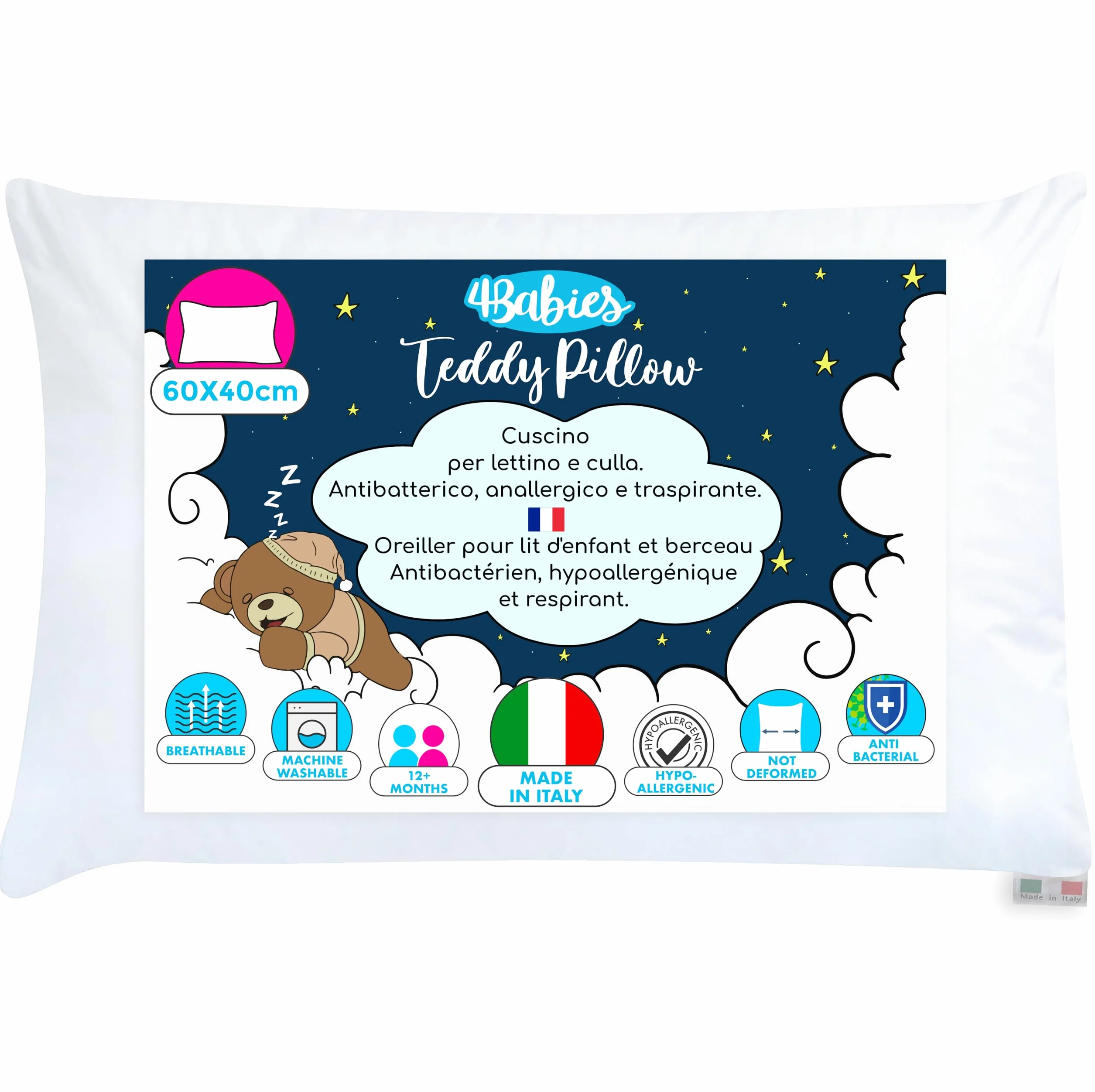 Oreiller Enfant 40x60 Coton 100% Italien Respirant Hypoallergénique Anti-acarien