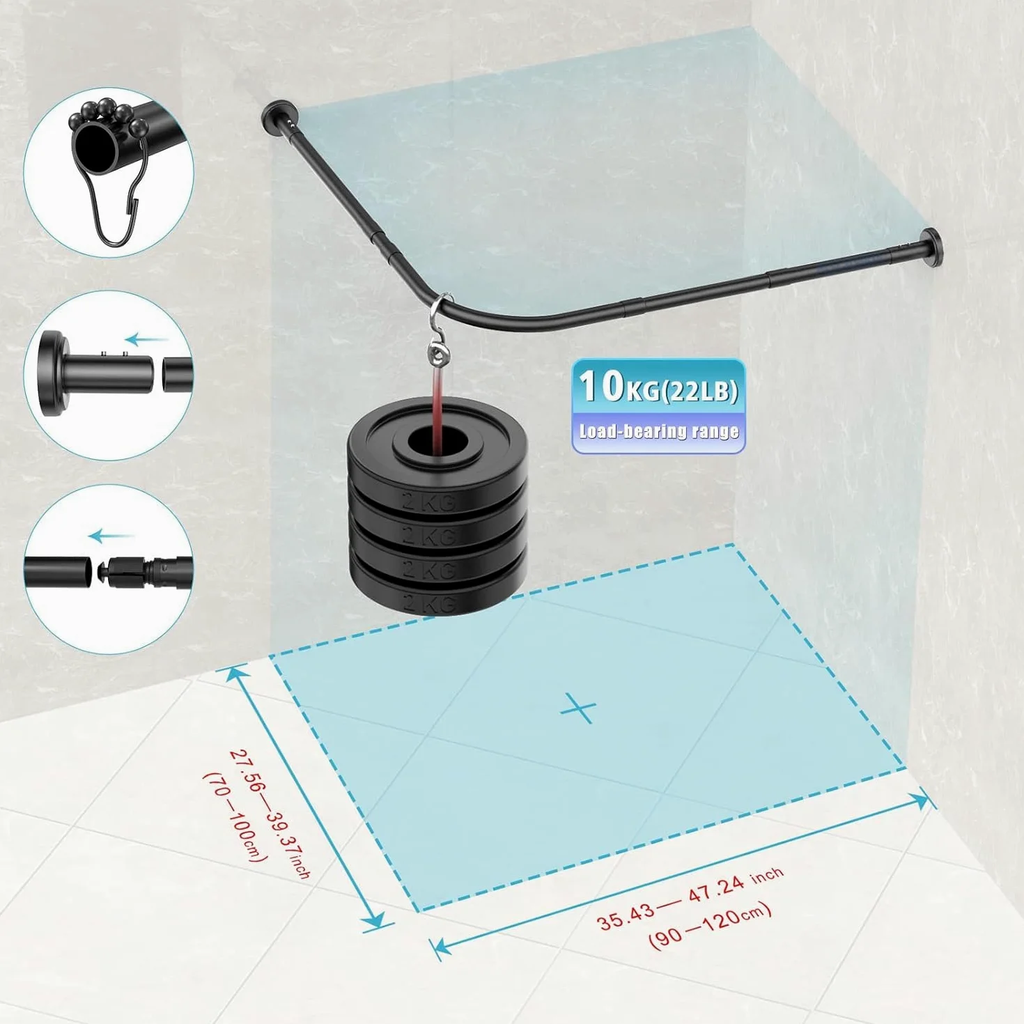 Tringle à Rideau de Douche L Sans Perage Barre De Douche Angle Extensible Acier Inoxydable 70-100 x 90-120cm Avec 24 Anneaux de Rideaux,pour Salle de Bain Baignoire Magasin de Vtements -Noir
