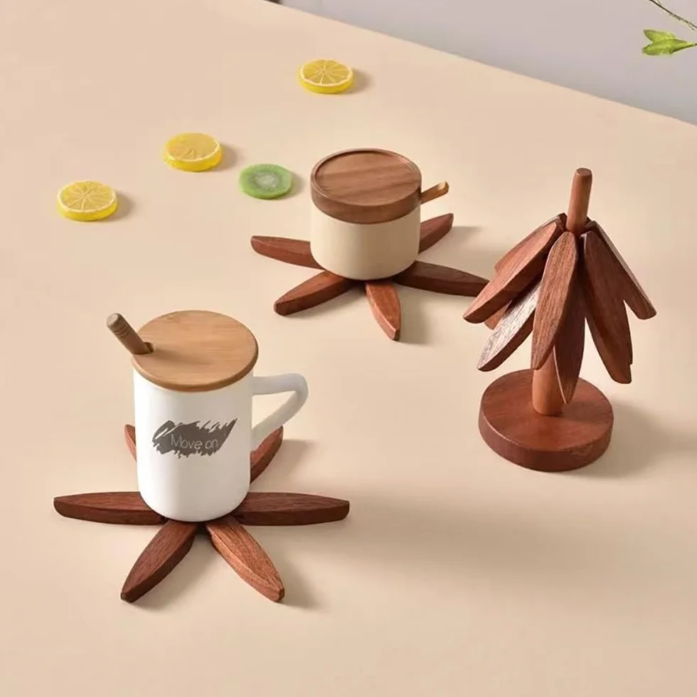 Lot de 4 Dessous de Plats en Bois Pliables + 1 Support Sapin de Noël