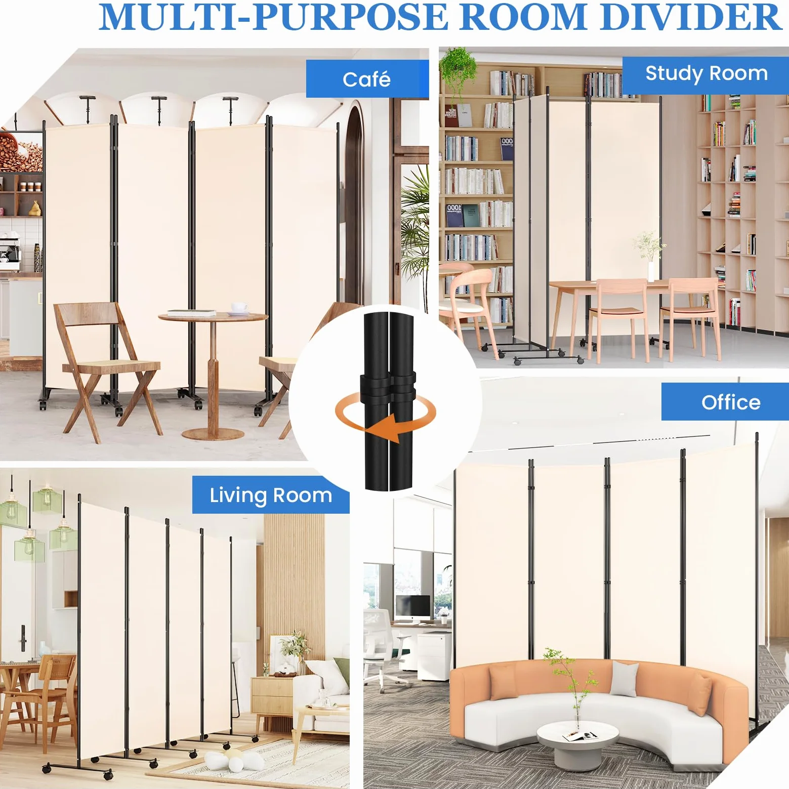 WELDUN Paravent de pièce à roulettes - 4 pièces - 223,5 x 183 cm - Brise-Vue Pliable - Cloison de séparation Amovible - Blanc