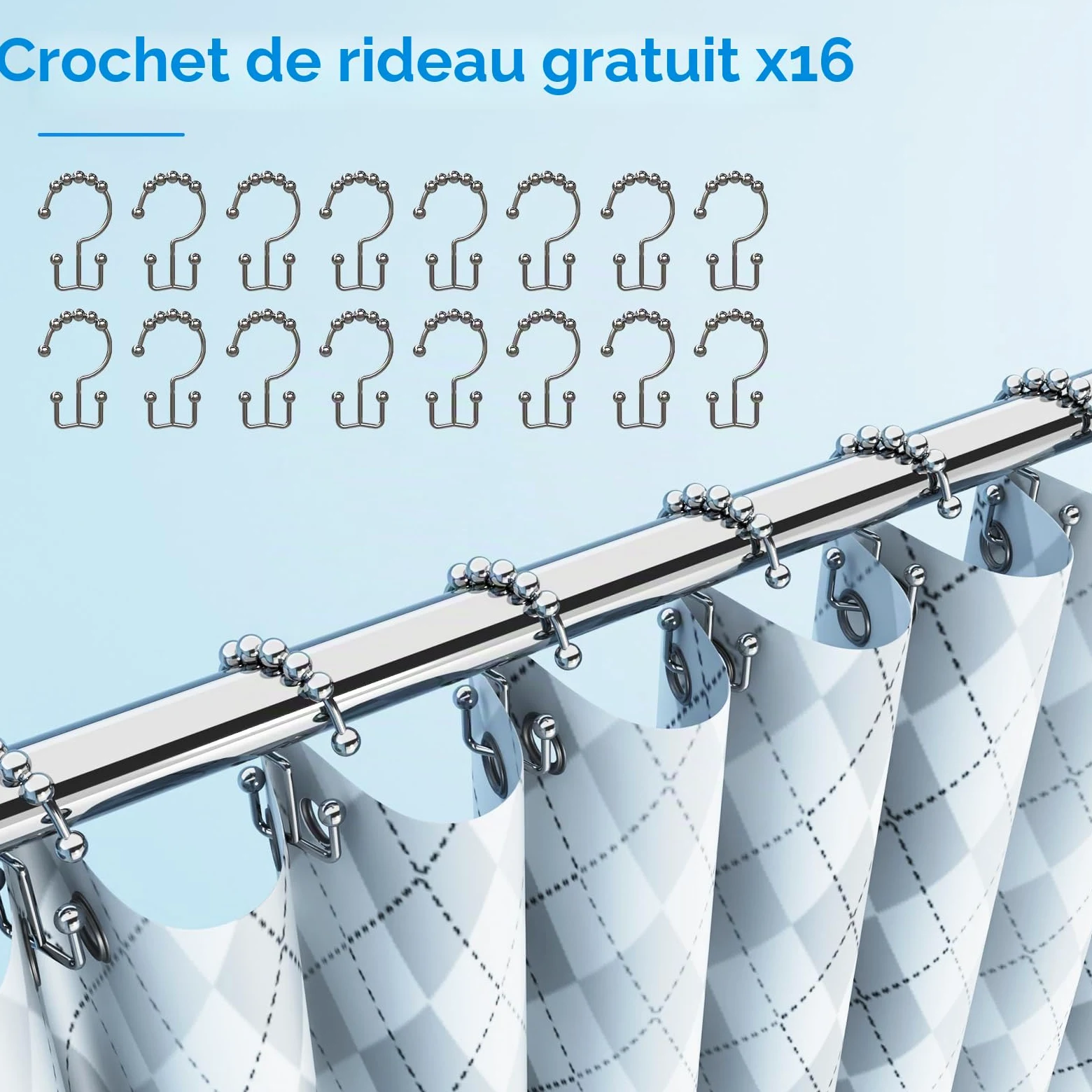 KULACO Barre de douche en forme de L, 100-120x100-190cm | barre de douche réglable en acier inoxydable SUS304, tringle pour rideau de douche de coin, avec 16 anneaux pour rideau