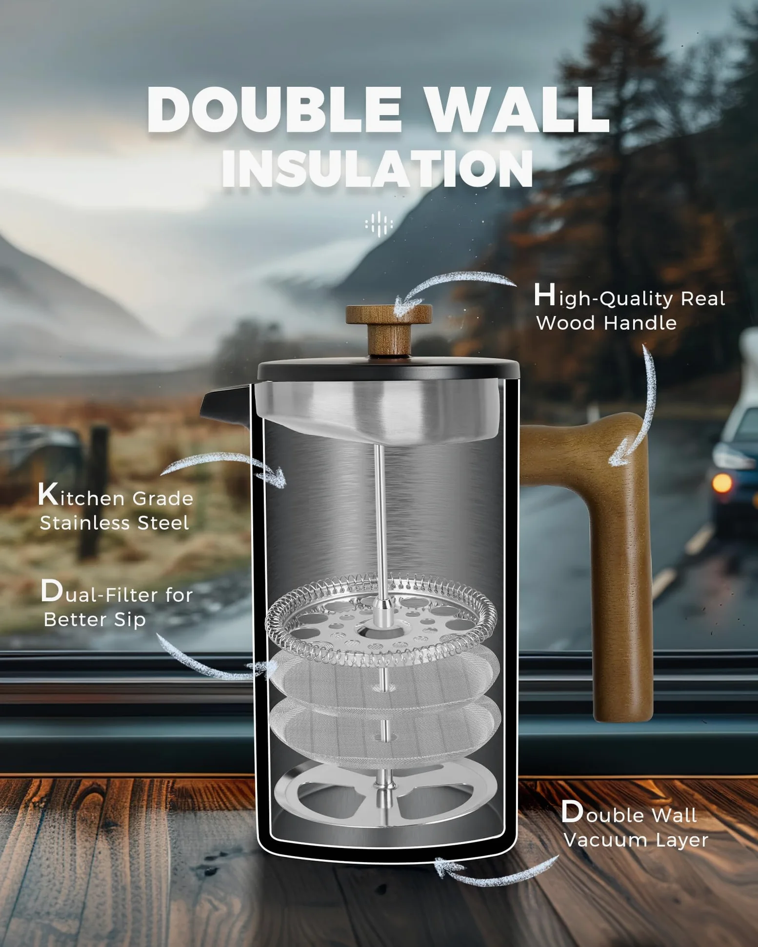 POLIVIAR 7379 POLIVIAR Cafetiere 8 tasses, cafetière à piston avec poignée en bois, cafetière isolée à double paroi et 1 filtre supplémentaire, presse à café en acier inoxydable pour un bon café et t