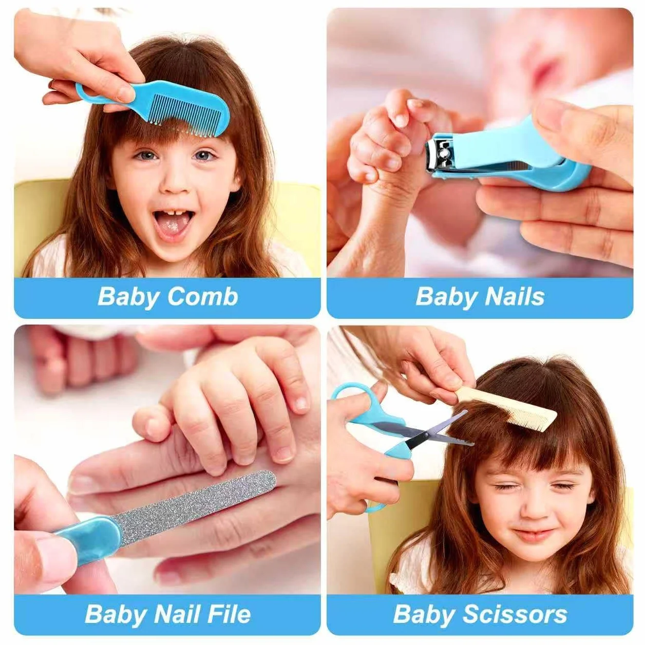 Trousse de soin bébé naissance 13 accessoires essentiels Thermomètre Digital Peigne Coupe Ongles Kit Cadeau Fille Garçon Bleu