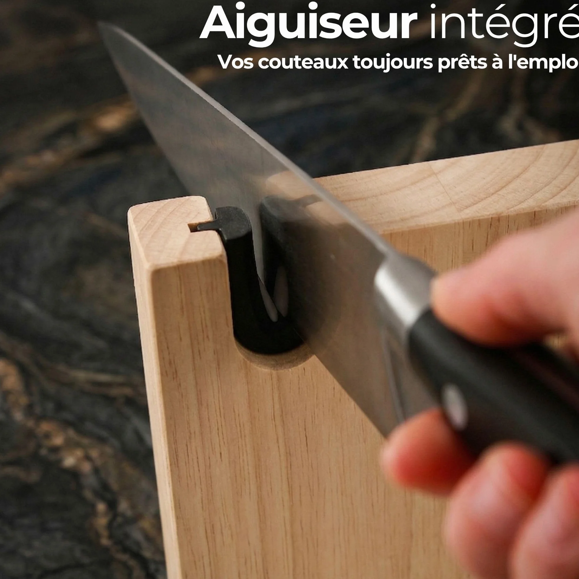 Porte Couteaux Magnétique Cuisine XL avec Aiguiseur Support Magnétique Couteaux Bois Massif Bloc Rangement (Chêne)