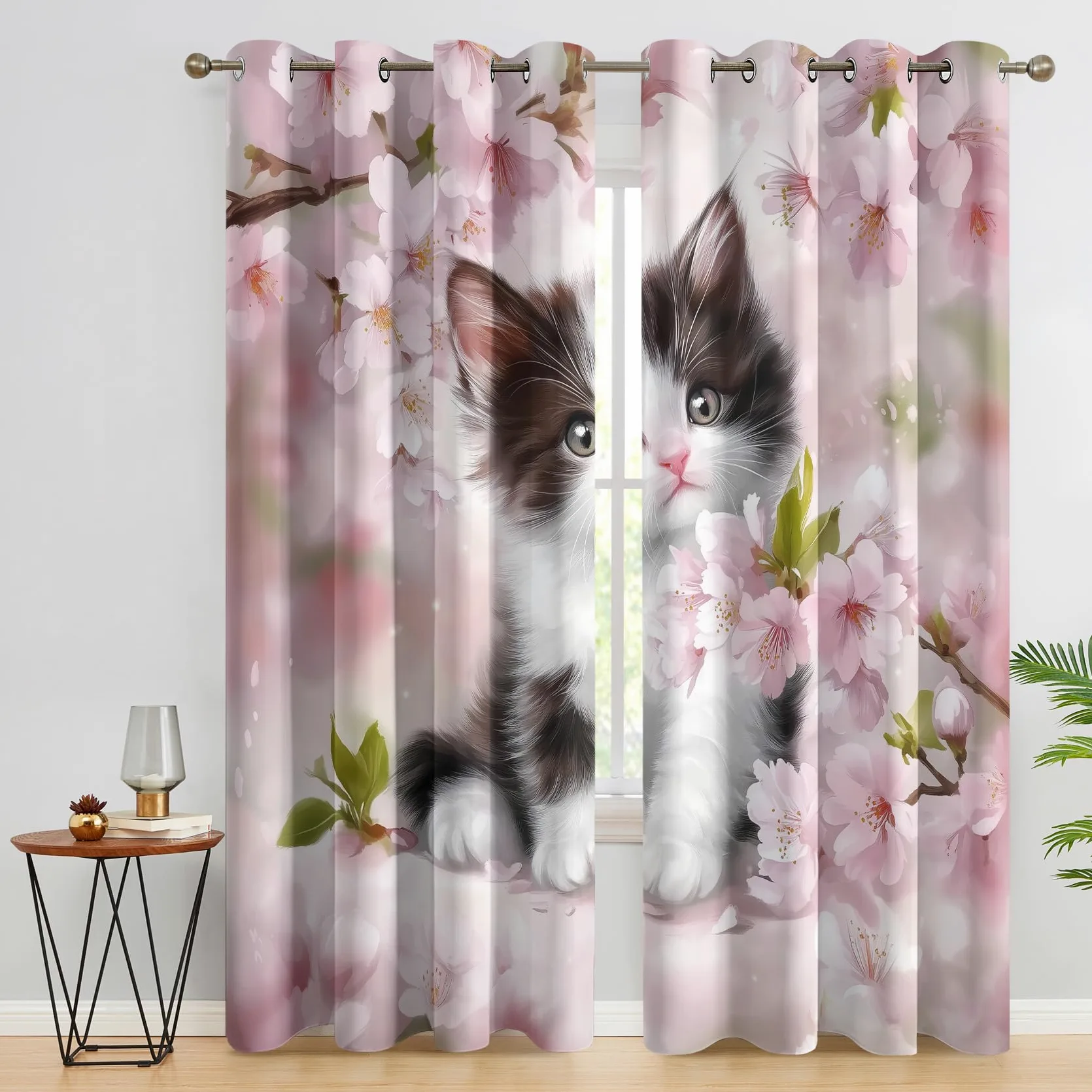 Rideau Occultant Chaton - Rideaux Thermiques à Oeillets - Rideau Imprimé Motif Chat Rose Fleuri pour Salon Chambre Fenetre - Lot de 2 Rideaux et Draperies Intérieurs - 117x183 cm (L x H)