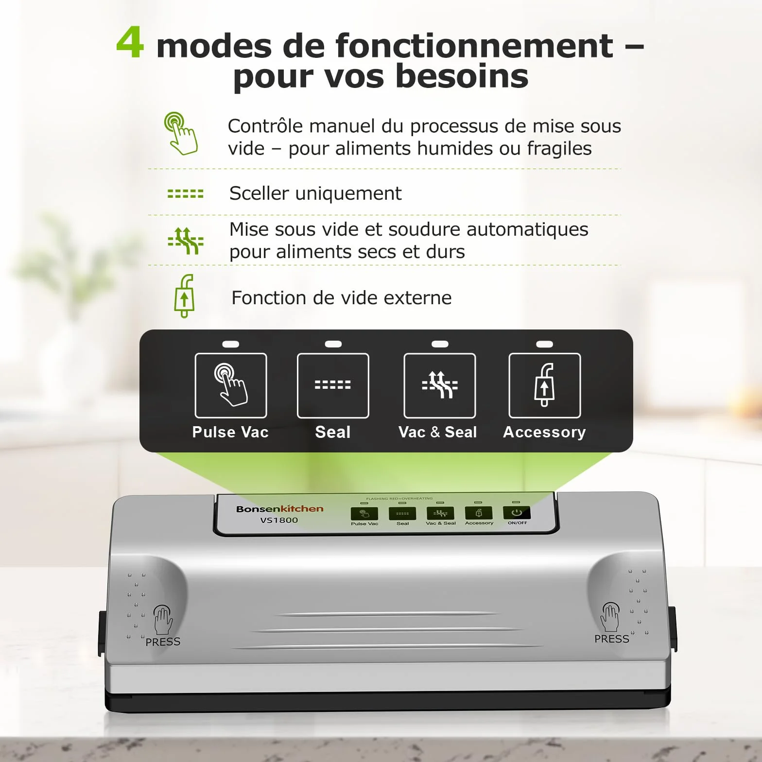Bonsenkitchen Machine Sous Vide VS1800, Soudure Robuste 30 cm, Fonction Pulse