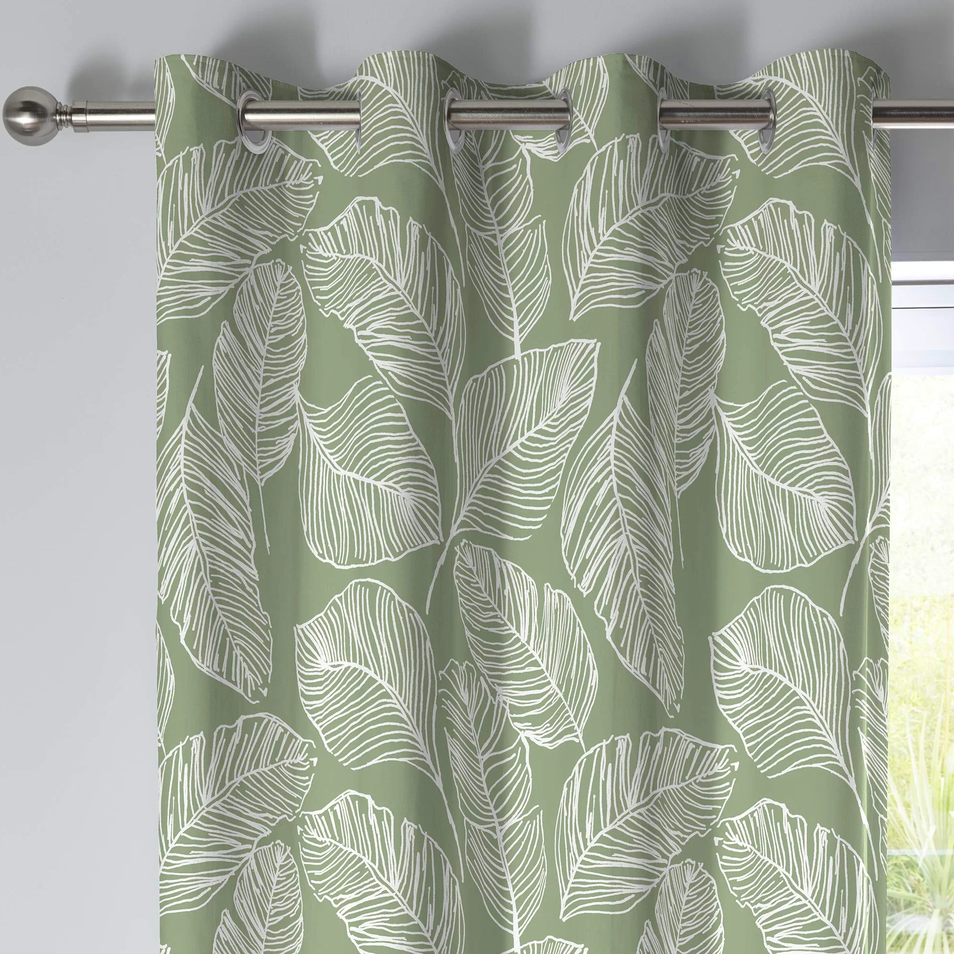 Fusion - Rideaux à Feuilles Vertes 168 x 183 cm - 2 Panneaux - 100% Coton - Œillets Verts - Imprimé Tropical - Collection Matteo