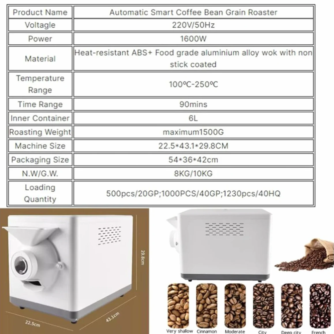 Torréfacteur de café 1600 W, machine de torréfaction de grains domestique 1500 G, réglable 0-250°C