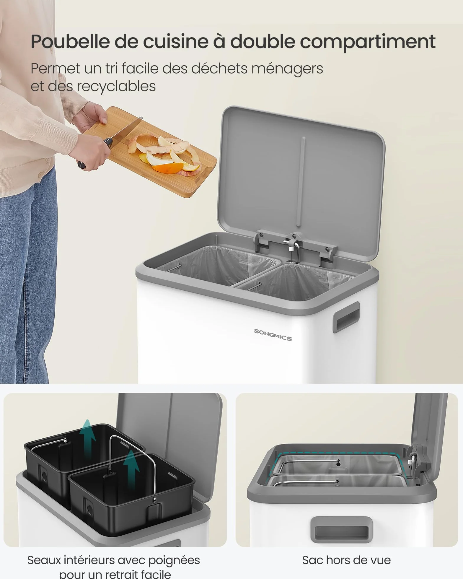 SONGMICS Poubelle de Cuisine Double 2x15L Recyclage Déchets Ménagers Acier Fermeture Douce Pédale Blanc