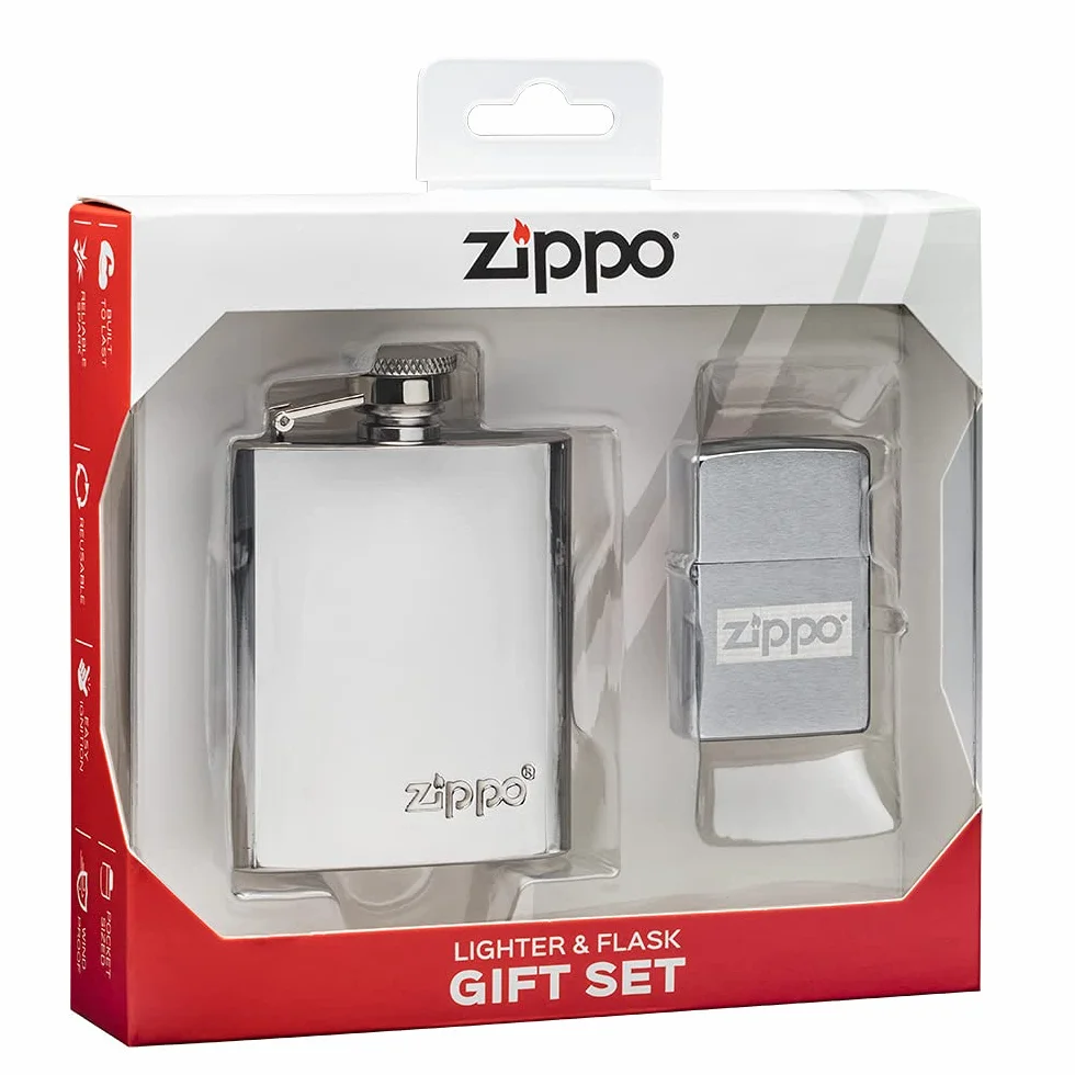 Zippo Briquet tempête et flasque Coffret Cadeau – Chrome brossé – Lustre – Rechargeable – Réutilisable – Résistant au Vent – Fabriqué aux États-Unis