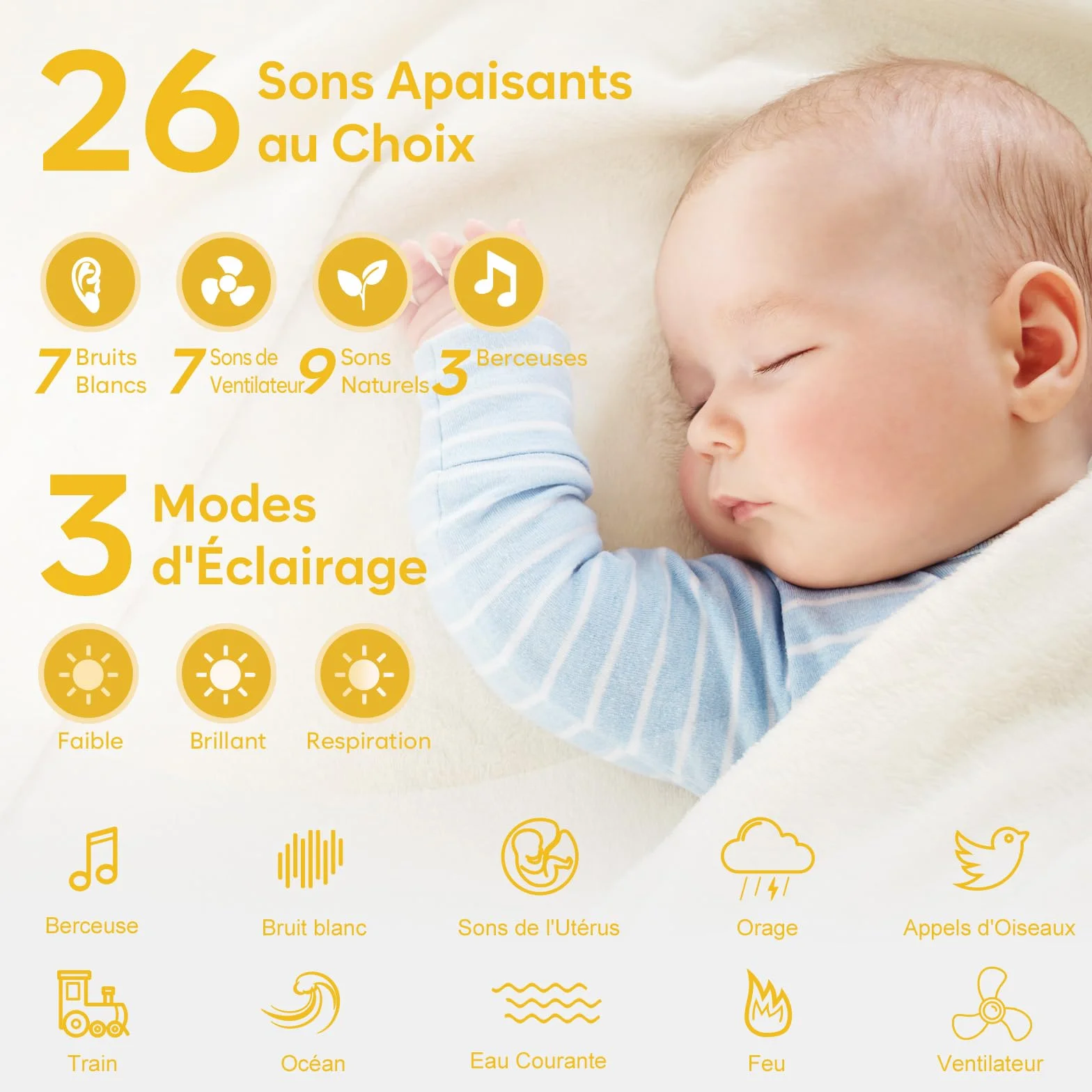 Easy@Home Machine à Bruit Blanc Portable pour Bébé 26 Sons Apaisants avec Veilleuse 3 Modes 7 Couleurs Minuterie USB