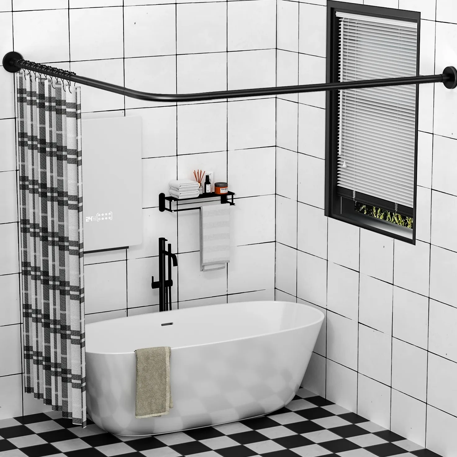 Tringle à rideau de douche extensible en acier inoxydable 304 en forme de L (noir, 60-133 cm x 180-215 cm), installation sans perçage, pour salle de bain, magasin de vêtements, espace privé
