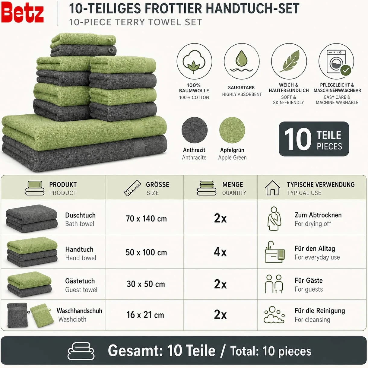 Betz Lot de 10 Serviettes Set de 2 draps de Bain 4 Serviettes de Toilette 2 Serviettes d'invités 2 Gants de Toilette 100% Coton Premium Couleur Vert Pomme, Gris Anthracite