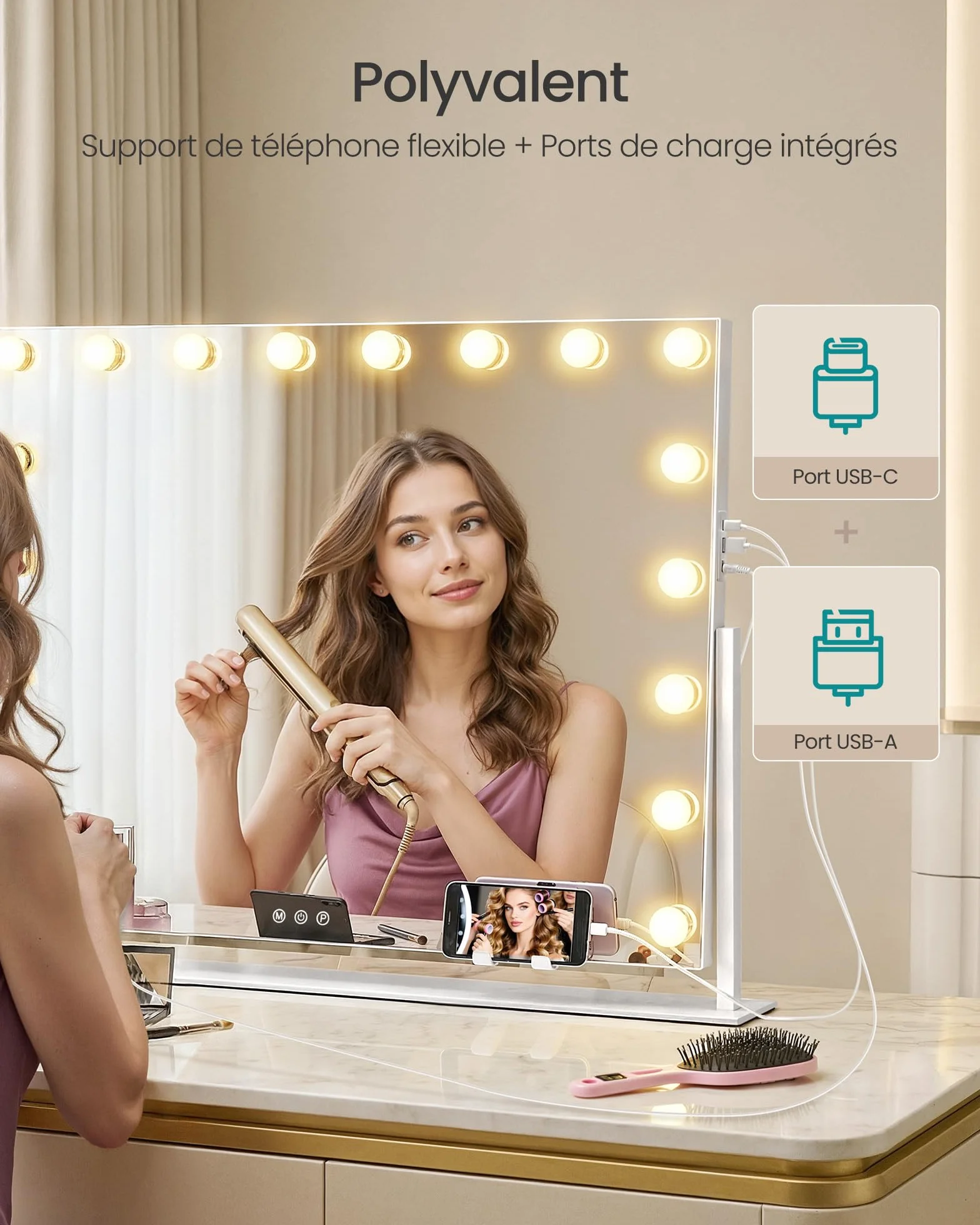SONGMICS Miroir de Maquillage LED 80x60 cm 18 Ampoules 10x Grossissant Détachable 3 Températures