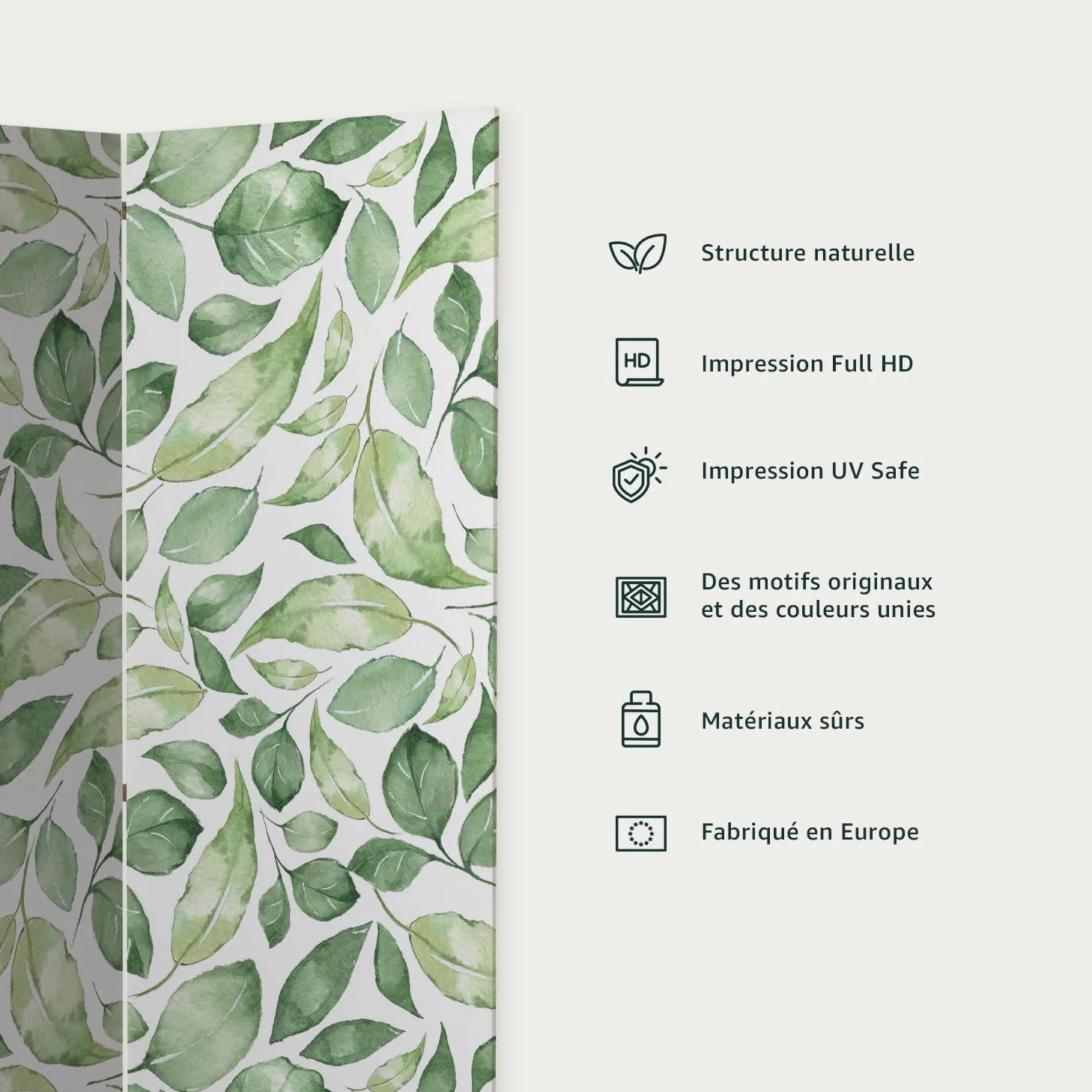 decomonkey Paravent décoratif intérieur Plante Gris Vert 225x172 cm | Cloison de séparation, Paravent en Bois, seul côté, Forêt Jungle Arbres Feuilles Nature Tendances Couleurs de