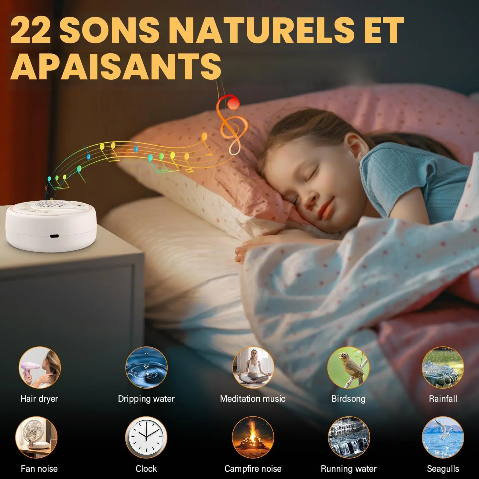 Machine à Bruit Blanc Portable pour Bébé, 22 Sons Apaisants, 60 Niveaux de Volume, 2000mAh Batterie, Enceinte Bluetooth