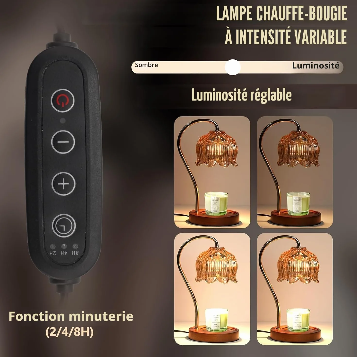 Lampe chauffe-bougie avec variateur d'intensité et minuterie pour bougies parfumées en pot - 2 ampoules