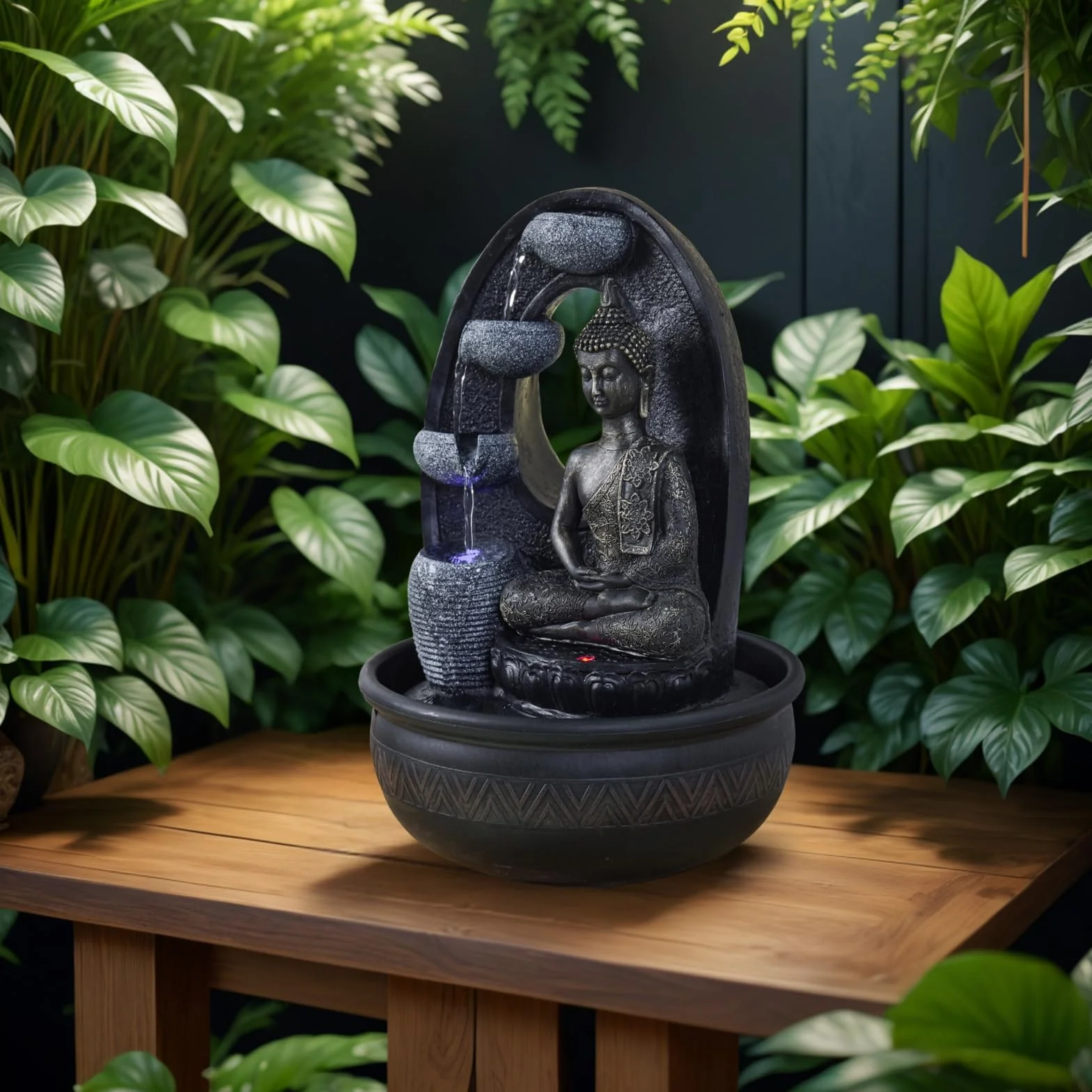 Fontaine d’Intérieur Bouddha Harmonie 40cm avec Éclairages LED et Pompe Silencieuse