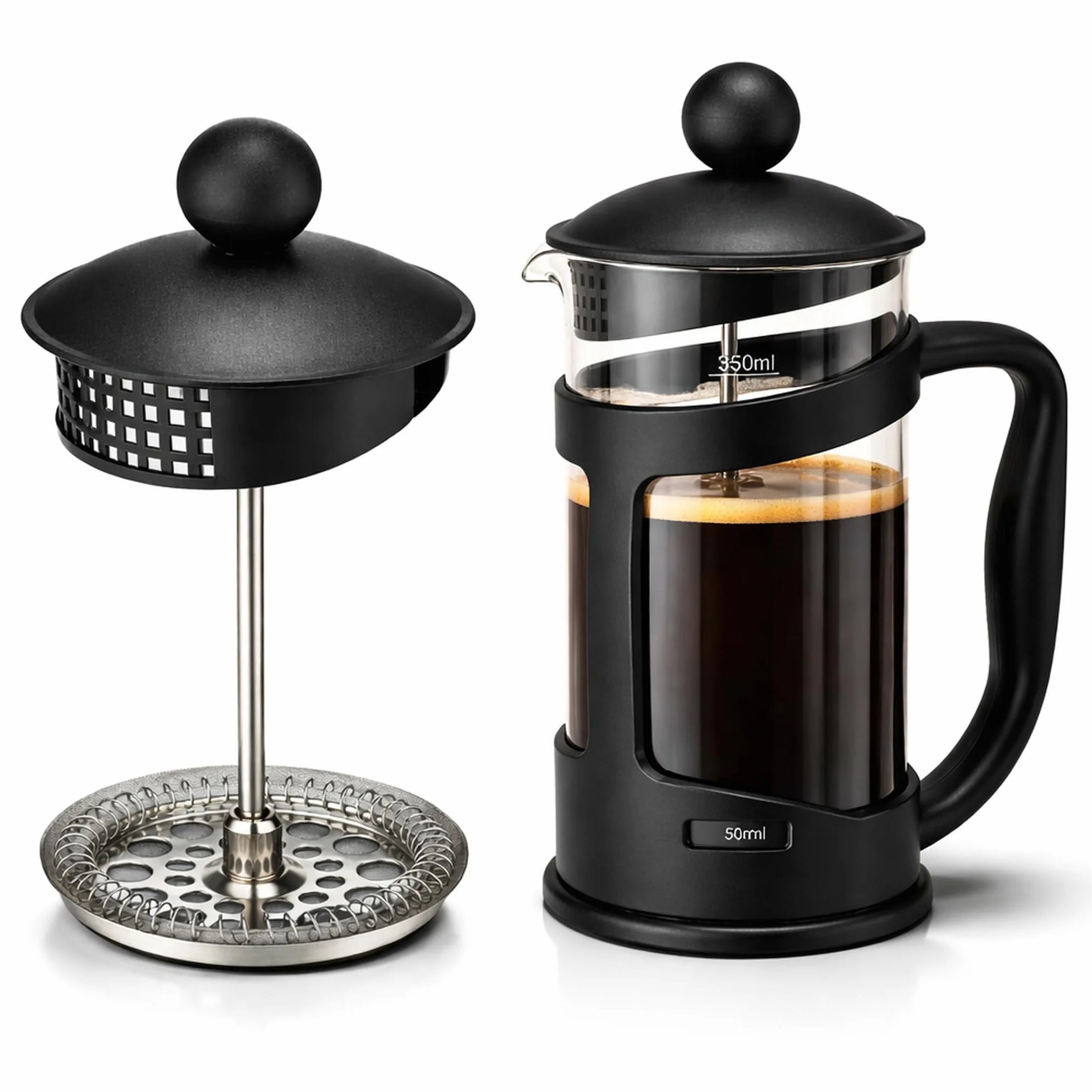 Cafetière Classique Continental Noire 350 ml – Cafetière à Piston en Verre Trempé Résistant aux Chocs