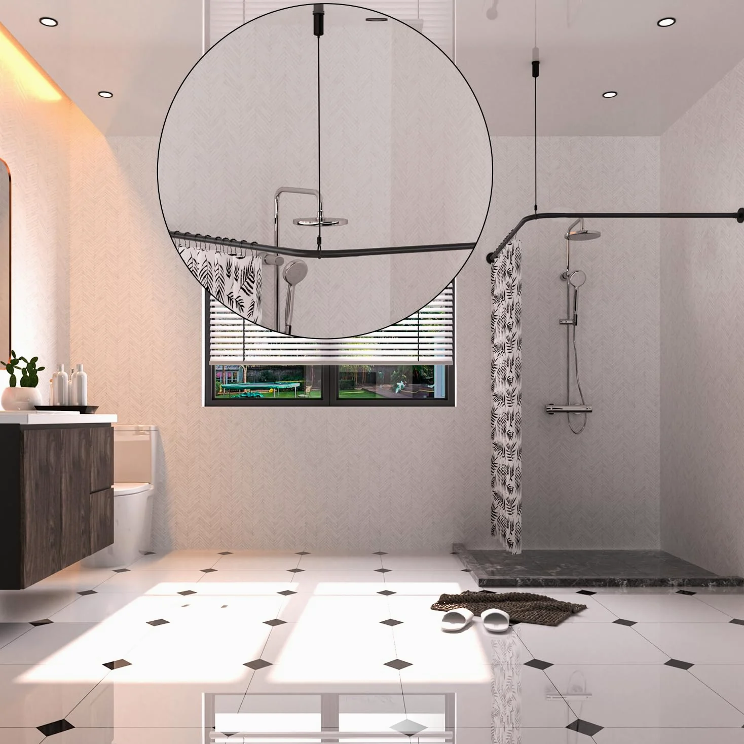 Tringle à rideau de douche extensible en acier inoxydable 304 en forme de L (noir, 60-133 cm x 180-215 cm), installation sans perçage, pour salle de bain, magasin de vêtements, espace privé