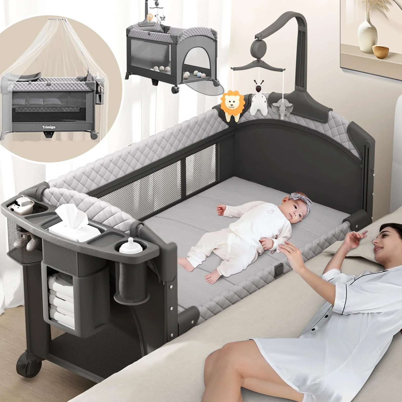 Lit Bébé Pliable Réglable en Hauteur avec Table à Langer, Cododo Bebe Evolutif
