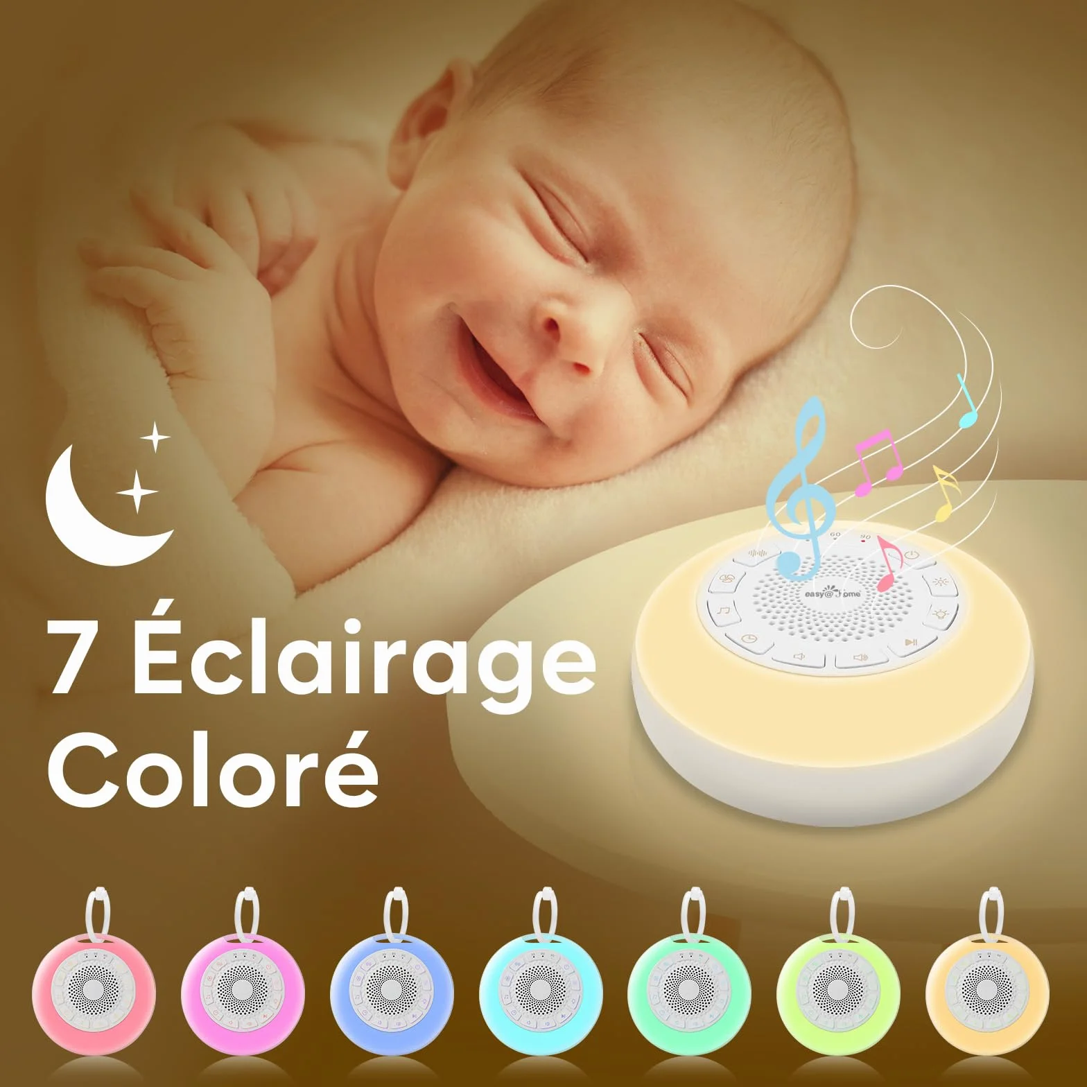 Easy@Home Machine à Bruit Blanc Portable pour Bébé 26 Sons Apaisants avec Veilleuse 3 Modes 7 Couleurs Minuterie USB