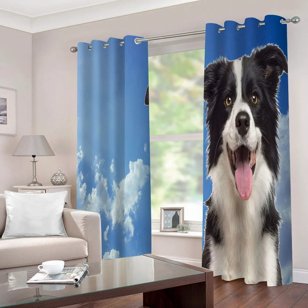 Rideaux Et Draperies Intérieurs 3D Ciel Bleu Nuage Blanc Chiot Motif Rideau Occultant À Oeillets Decoration Salon Chambre Maison pour Enfant Adulte 2 Pièces 280x160Cm Design Moderne Imprimé
