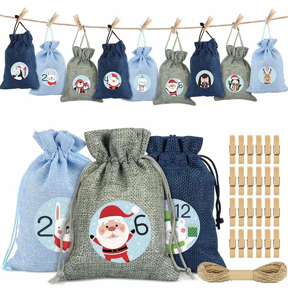 Calendrier de l'Avent à Remplir Sac en Tissu Jute, Sacs Surprise de Noël