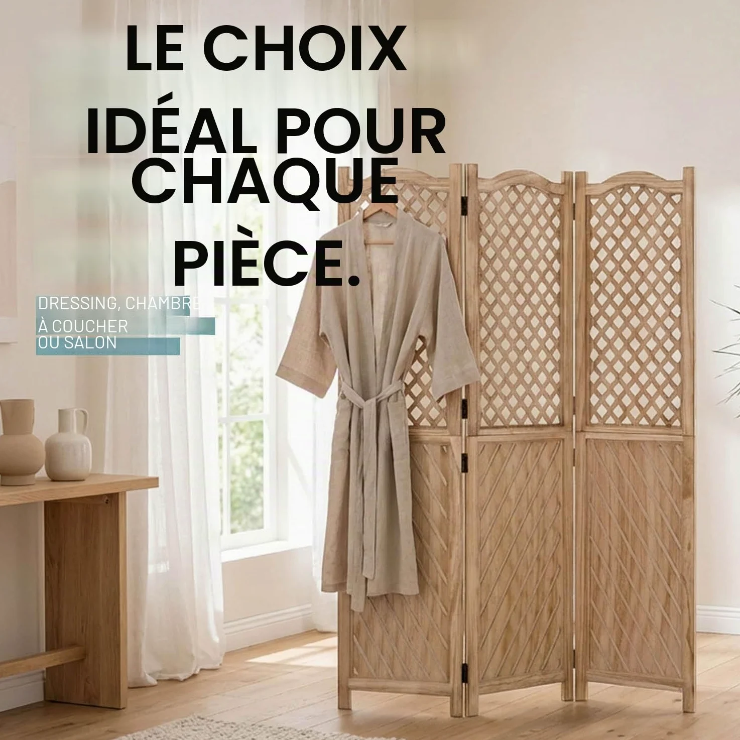 Homestyle4u 2014 Paravent 3 panneaux en bois naturel, protection visuelle espagnole