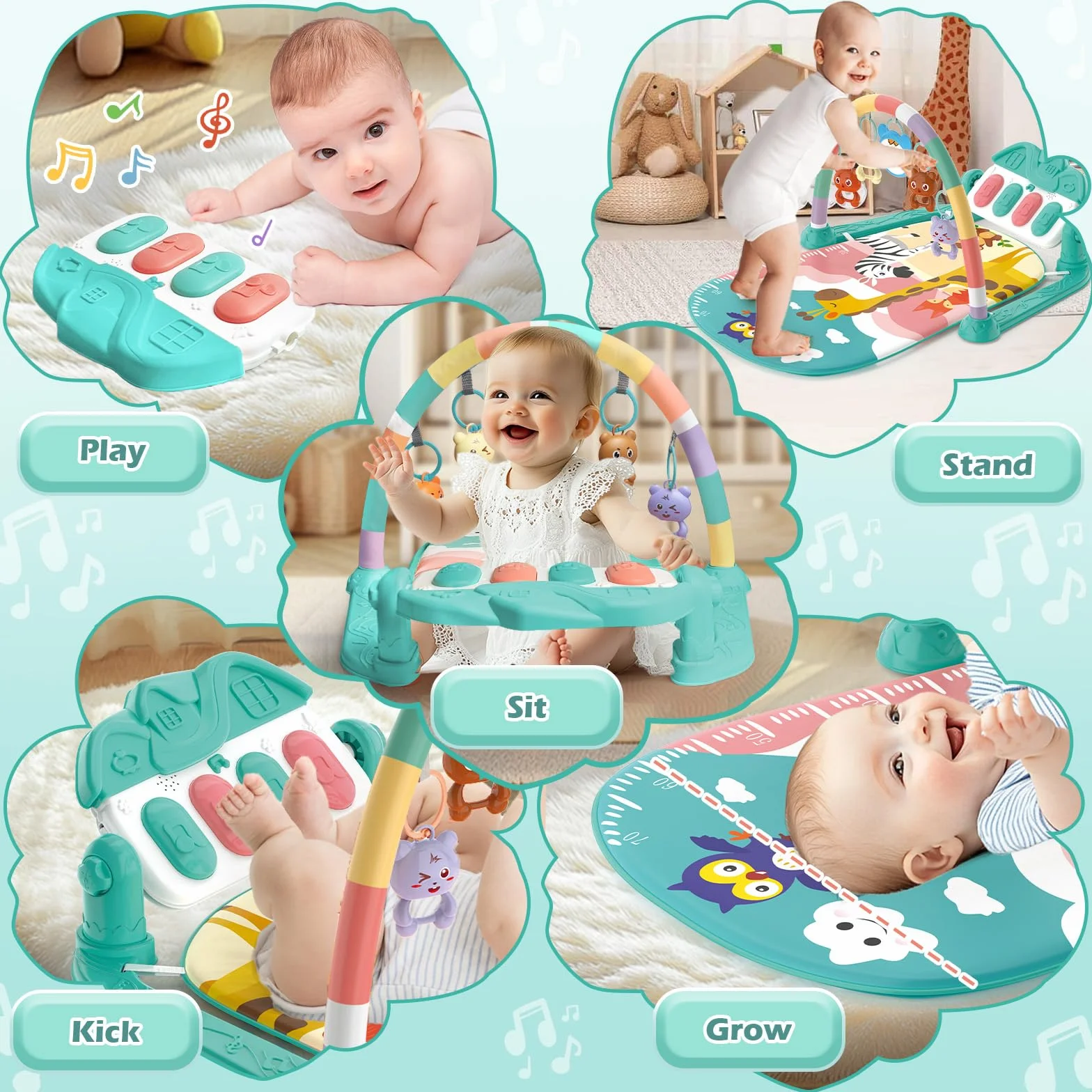 Tapis d'éveil Bébé 0-6 Mois avec Hochets et Musique de Piano, Tapis Sensoriel Motricité Vert