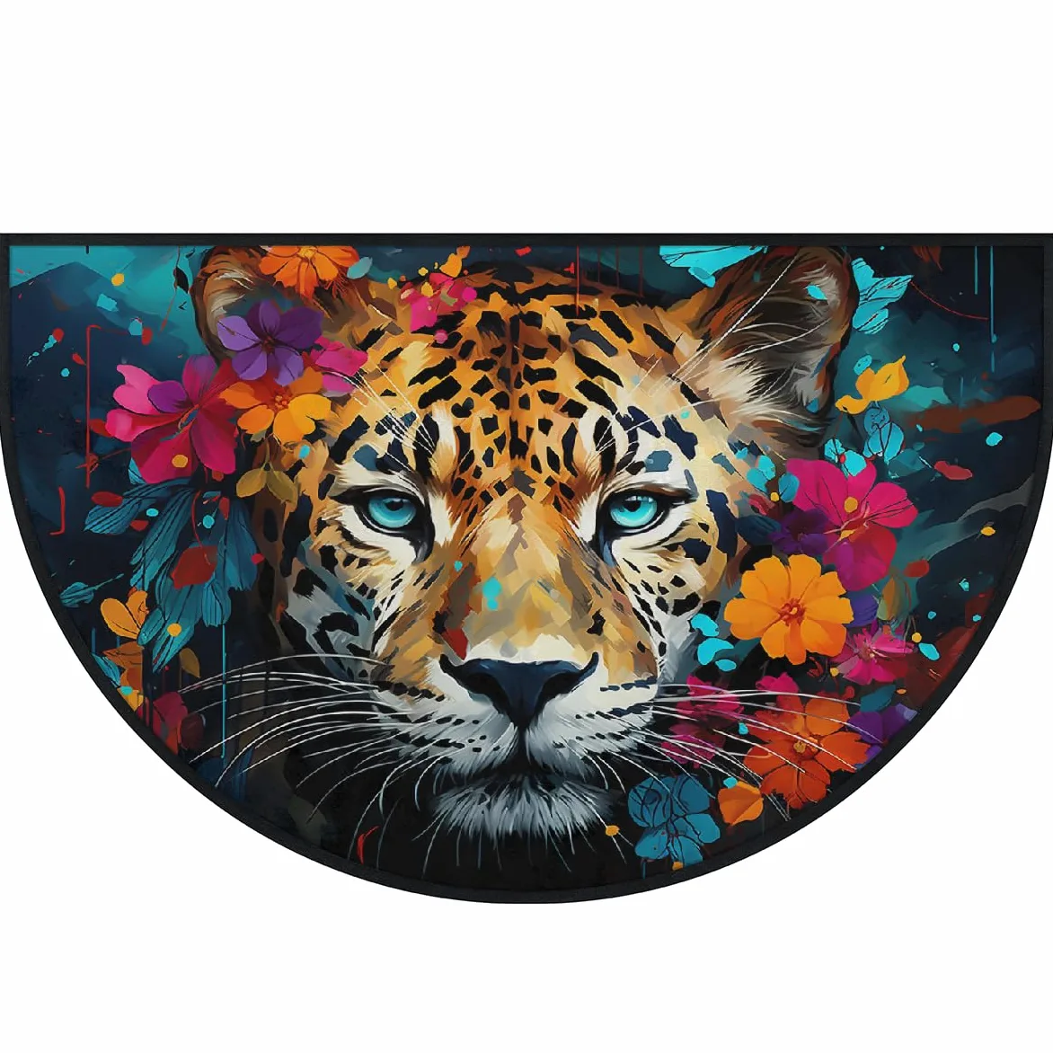 Mexpekil Paillasson demi-rond antidérapant lavable en demi-lune avec visage de léopard pour intérieur et extérieur - Attrape la saleté - 100 x 160 cm