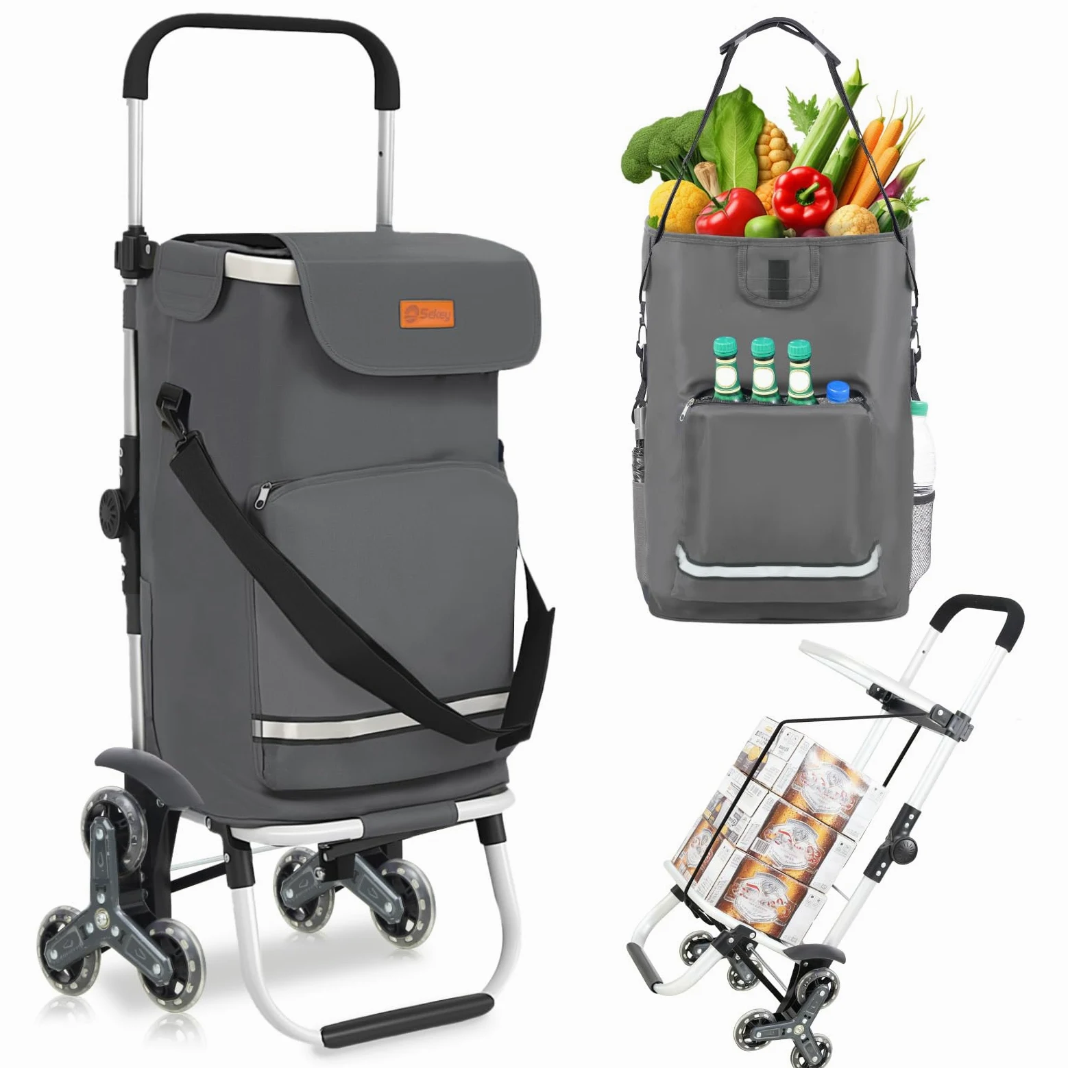 Sekey Chariot de Courses 3 Roues Monte Escalier Pliable 3 en 1, Caddie Isotherme avec Sac Amovible, Diable et Trolley, Grande Capacité, Léger et Solide, Idéal Courses et Seniors – Gris