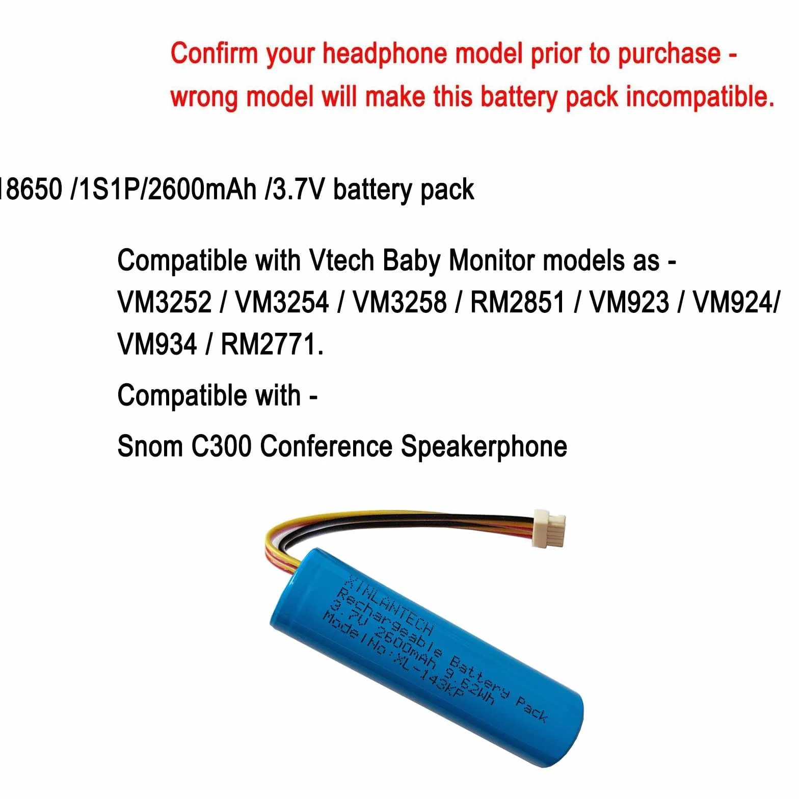 Batterie de rechange 3,7 V 2600 mAh pour Vtech VM3252 VM3254 VM3258 Video Babyphone