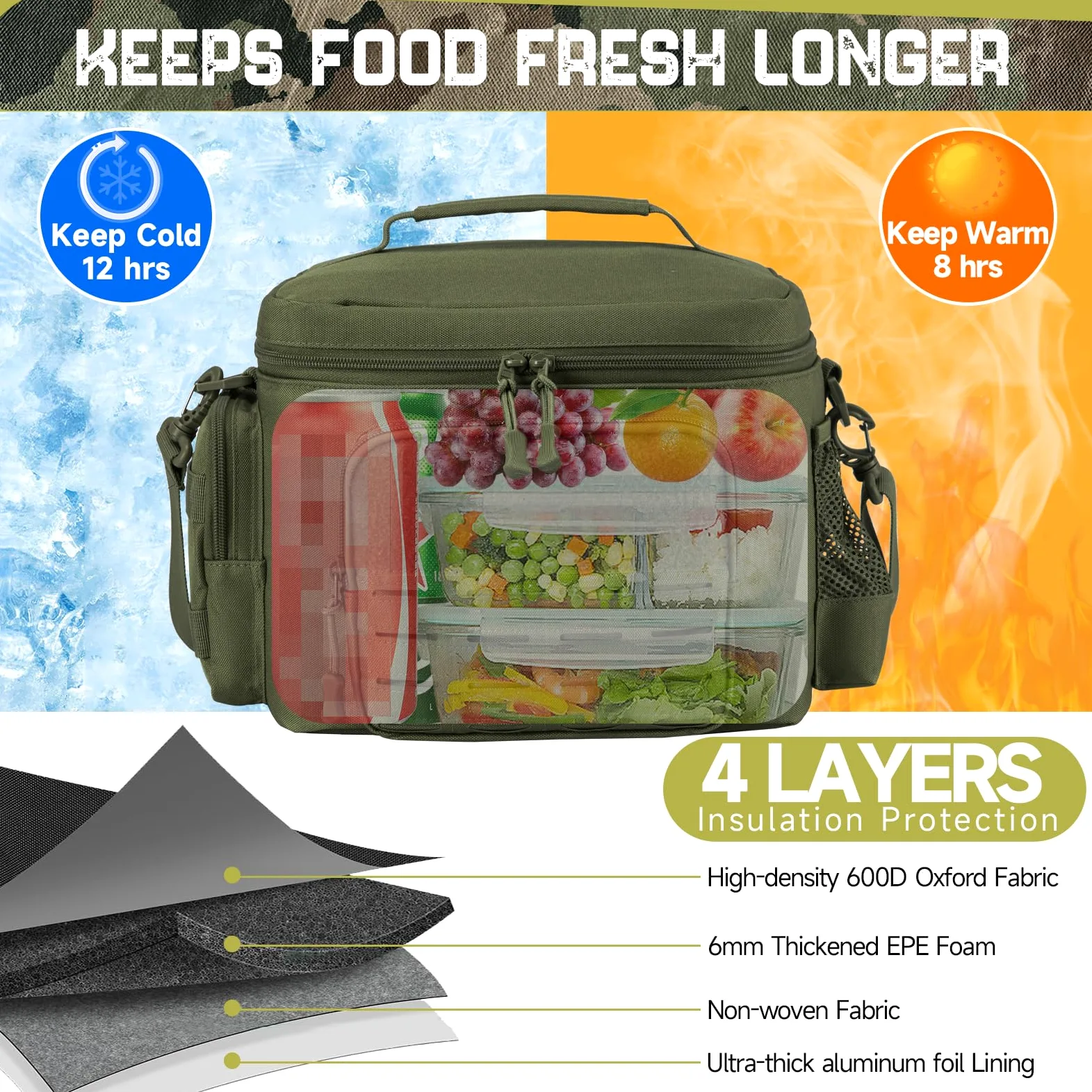 QT&QY Sac Repas Tactique 13L Militaire Renforcé - Glacière Isotherme Étanche Durable avec Système MOLLE Découpe Laser, pour Bureau/Camping/Pique-nique - Boîte Repas Adulte Hommes