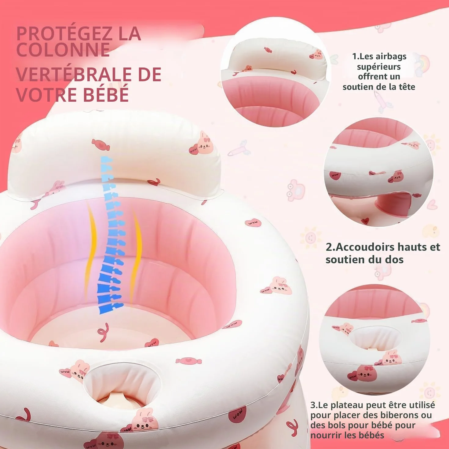 Siège Gonflable Bébé 3 Mois+ Chaise Gonflable avec Pompe Intégrée Lapin