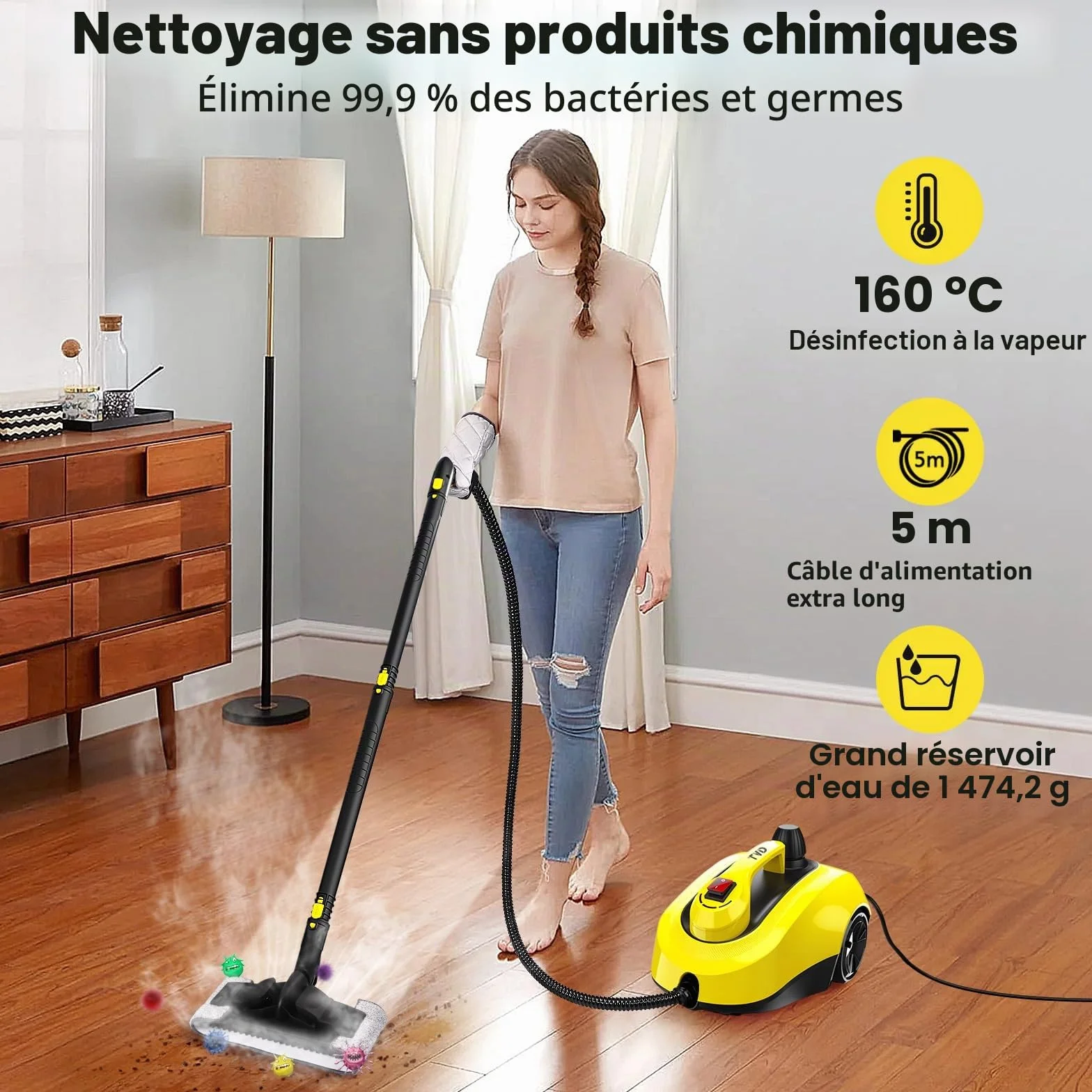 Nettoyeur vapeur pour meubles rembourrés avec câble 5 m pour sol, voiture, tapis, canapé