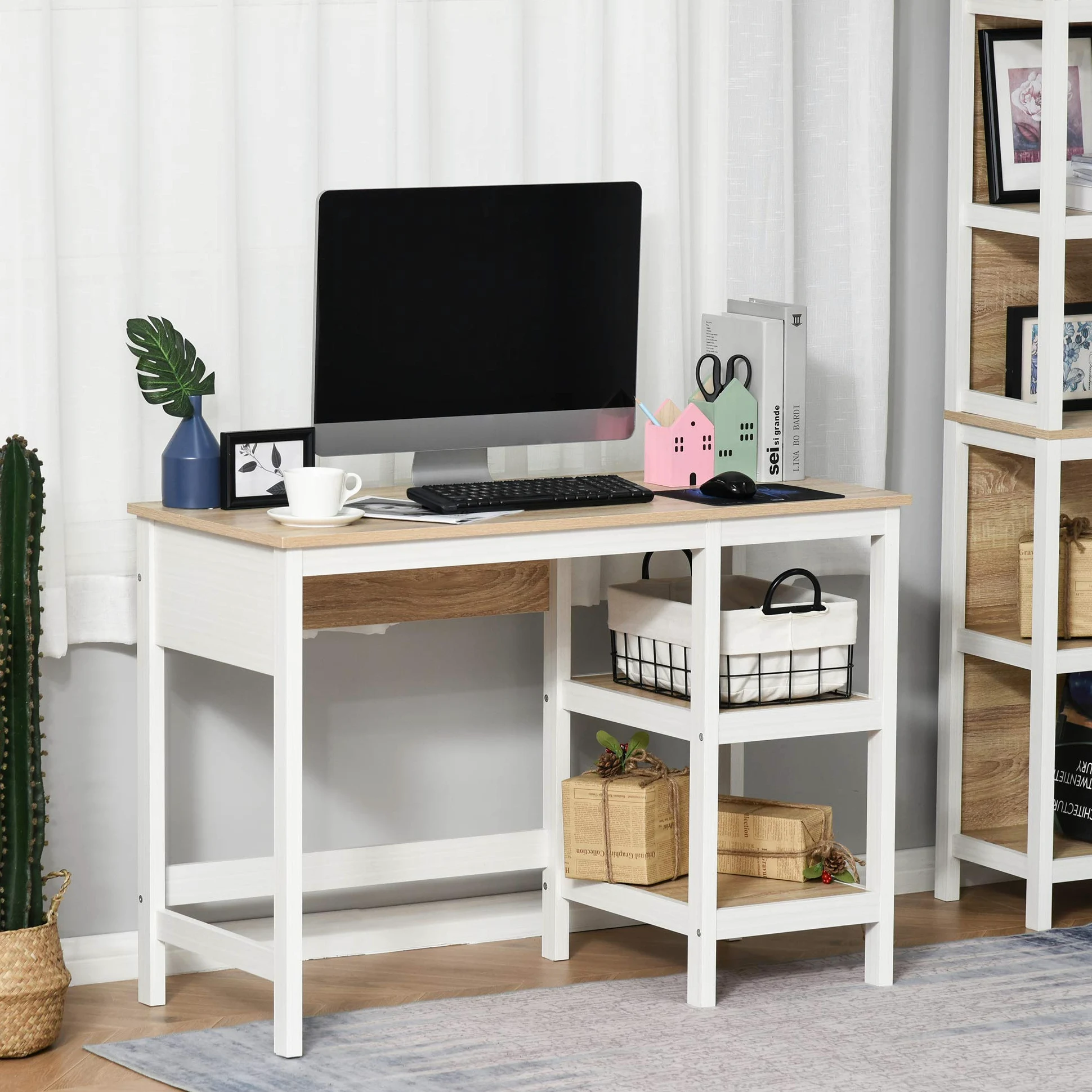 HOMCOM Bureau Informatique Multimédia 110Lx48lx76H cm Chêne Clair Blanc | 2 Étagères Latérales, MDF E1, Bureau Avec Rangement