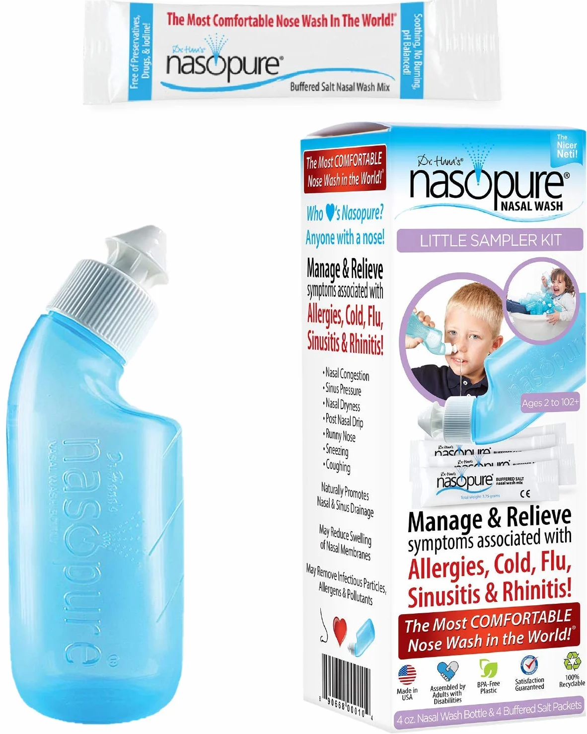 DR HANA'S NASOPURE Neti Pot Pour Enfants 4 Bouteilles 4 oz Sel Tampon Irrigation Nasale Soulagement Allergies