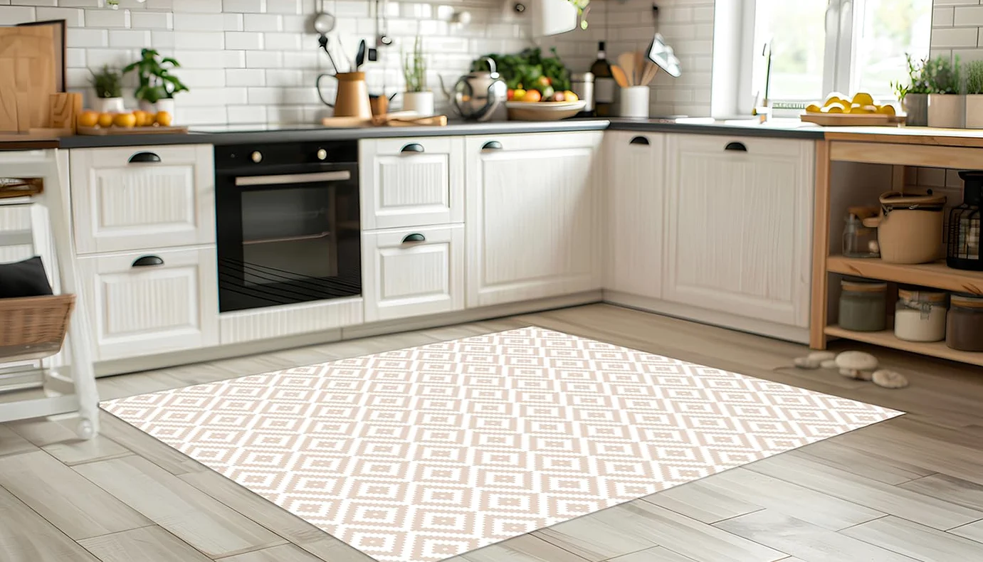 DobleUve Estudio Tapis Vinyle Géométrique | Beige | 65x200 cm | Tapis Cuisine | Tapis de Salon Antidérapant Antifongique Ignifuge | Tapis Enfants | Tapis Bain PVC | Tapis PVC
