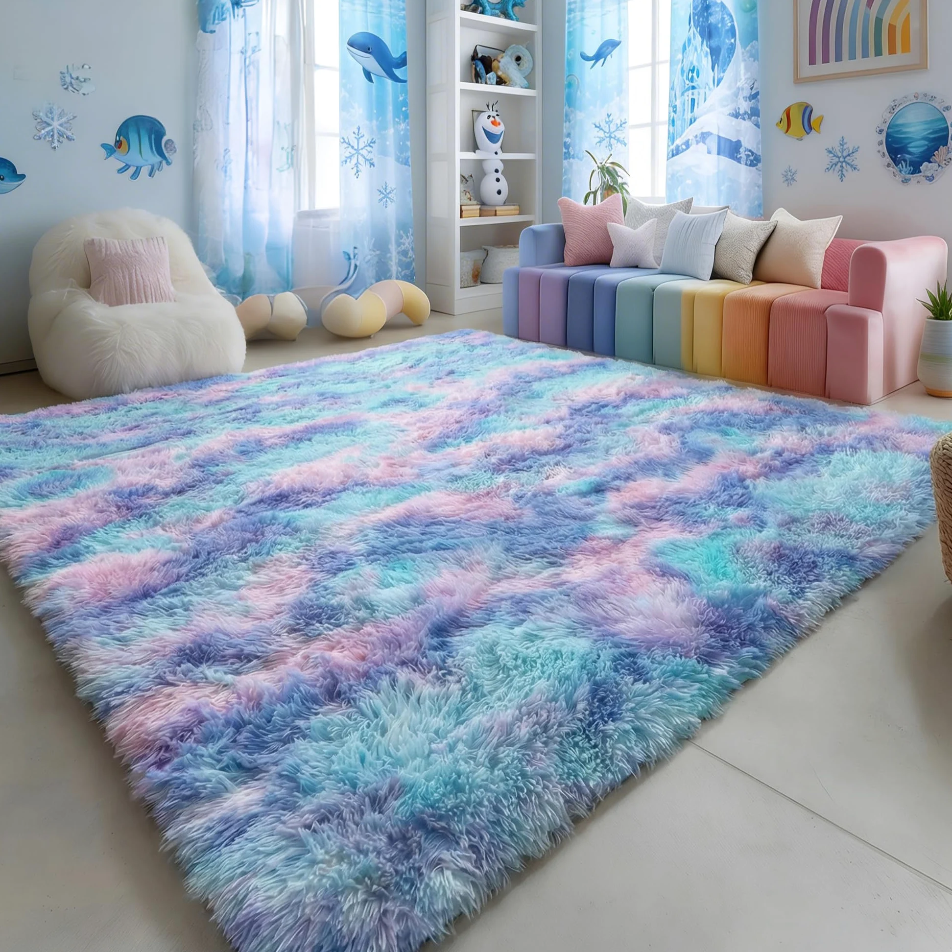 Amdrebio Tapis pelucheux mignon et mignon pour chambre à coucher, chambre de fille, décoration de chambre d'enfant, salle de jeux, dortoir, point de sirène, tapis pelucheux en peluche pour bébé et