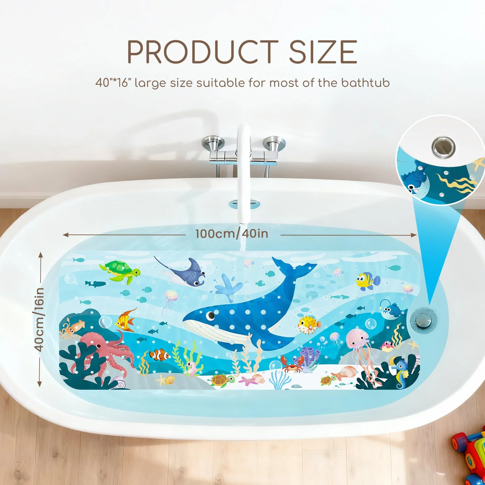 Tapis de Bain Antiderapant Baignoire Bebe 100x40 cm PVC sans BPA Lavable en Machine Baleine