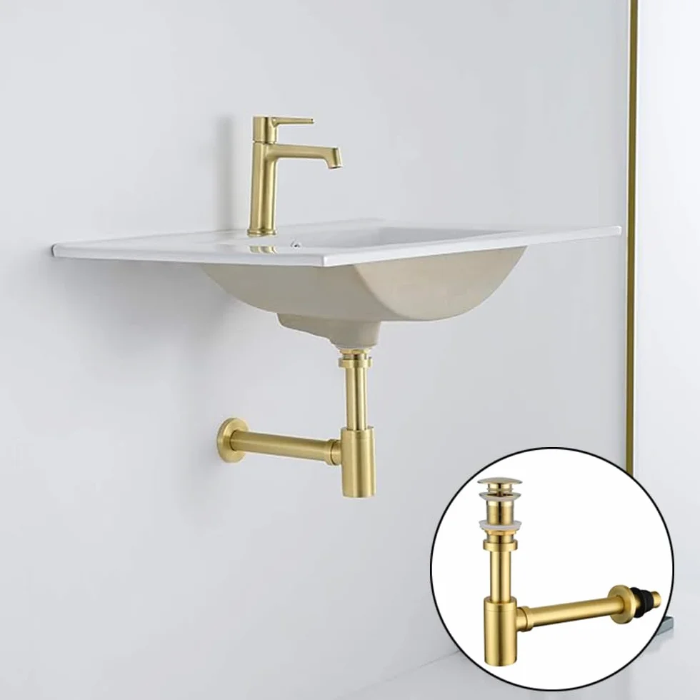 Siphon de bouteille en acier inoxydable pour lavabo de cuisine et salle de bain - Siphon en P - Or brossé