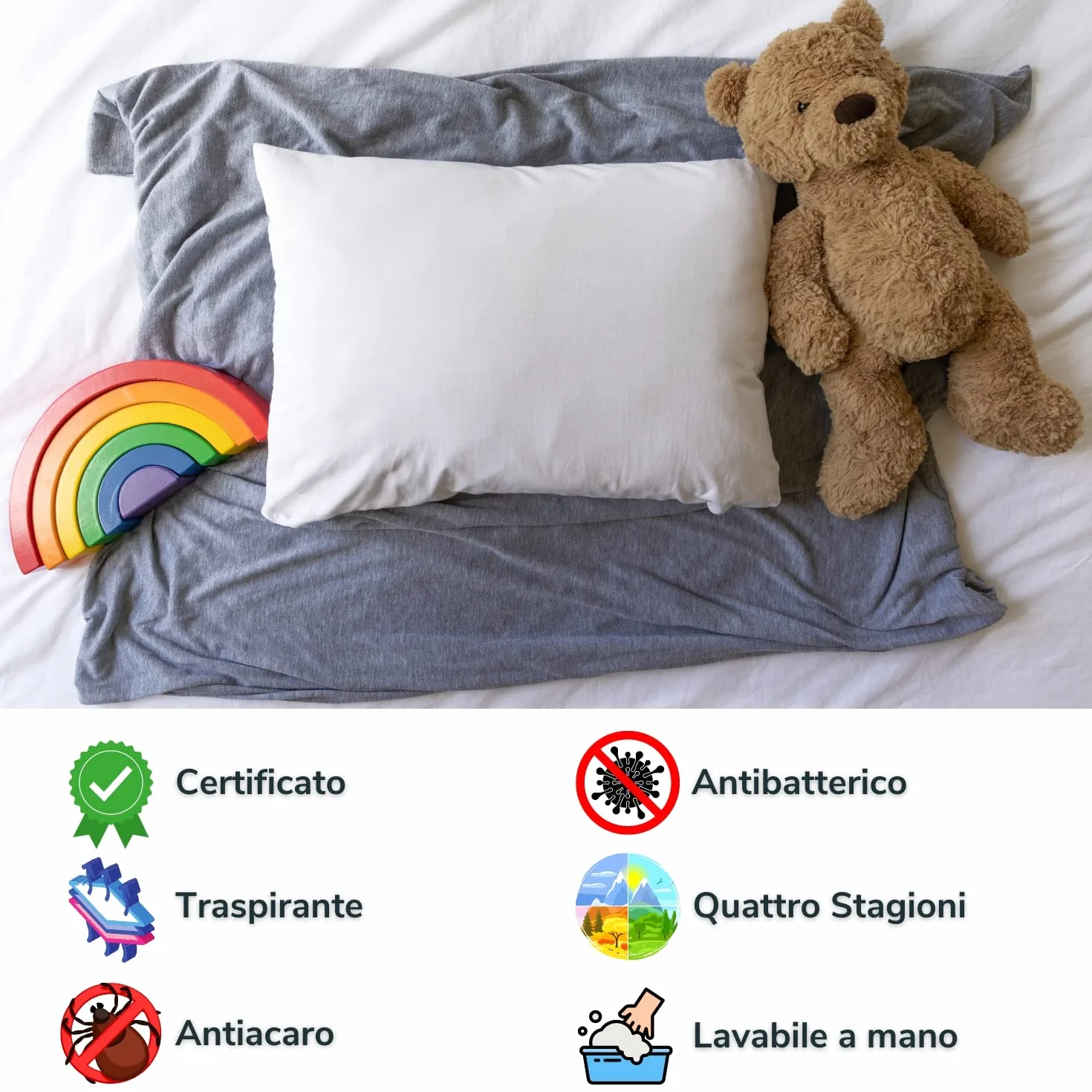 BabyTools Oreiller Enfant 40x60 Transpirant Résistant Acariens Taie 100% Coton Oeko-TEX Fabriqué Italie
