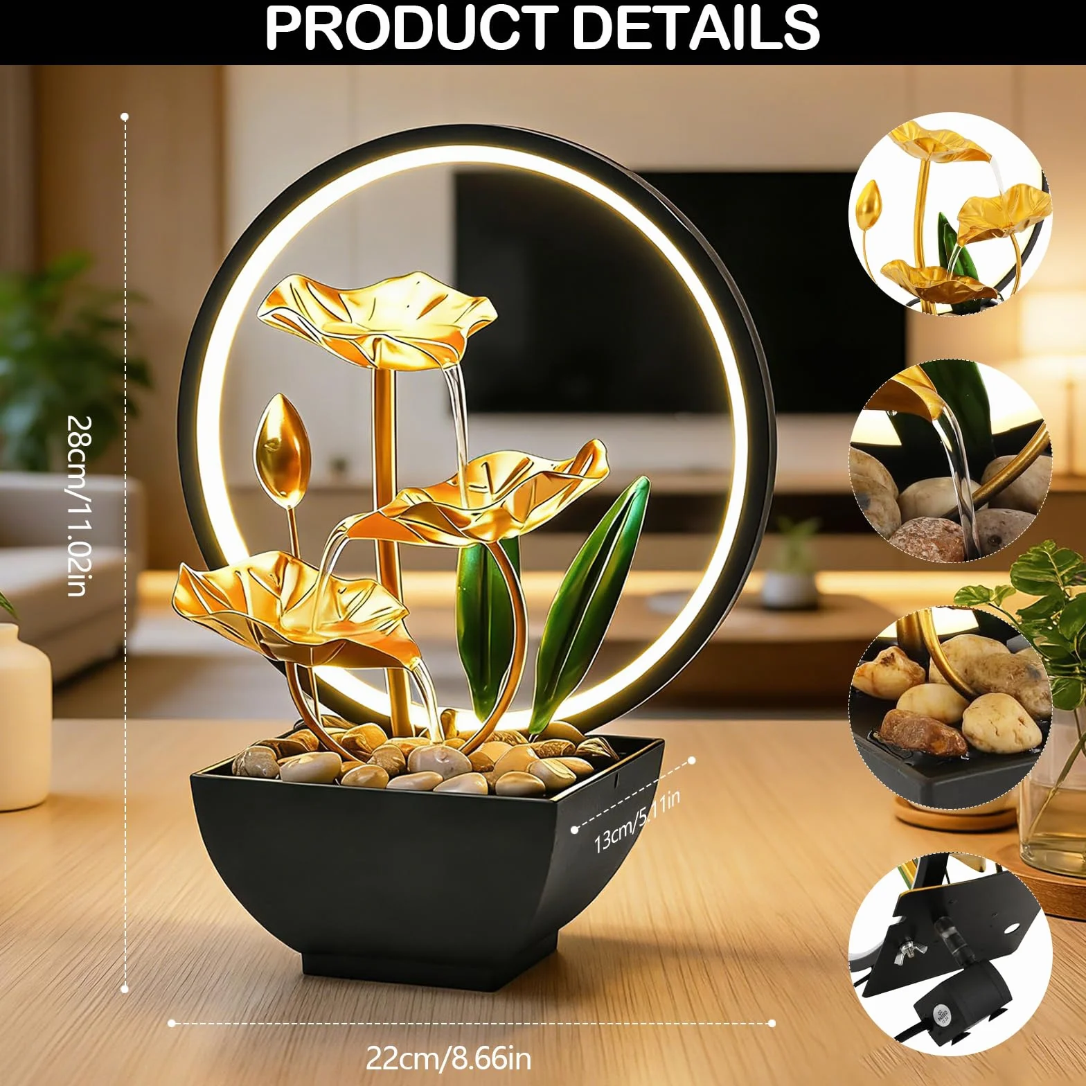 Fontaine d'intérieur LED 3 niveaux décoration zen pompe silencieuse mini cascade table
